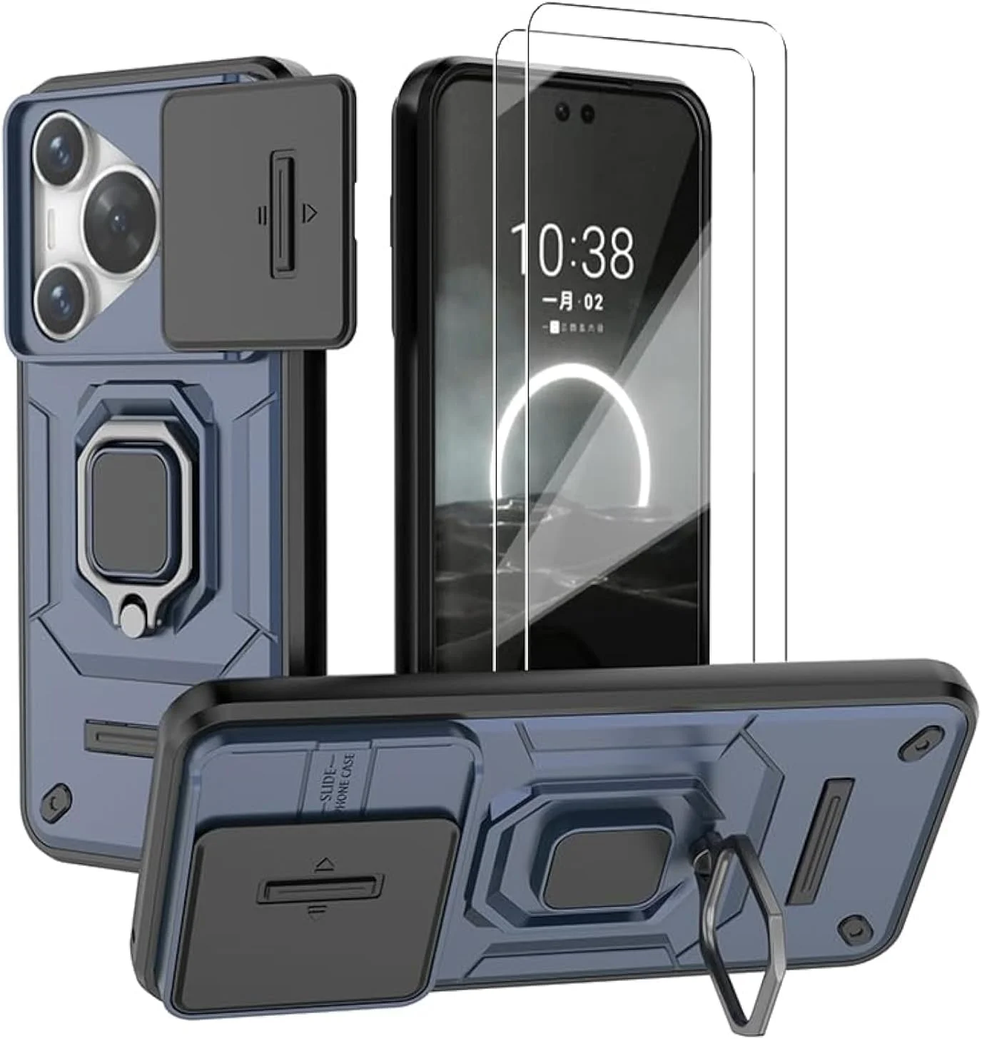 کاور محافظ گوشی هواوی Pura 70 به همراه محافظ صفحه نمایش [دو عدد]، دارای محافظ کشویی دوربین، کاور محافظتی مقاوم - آبی