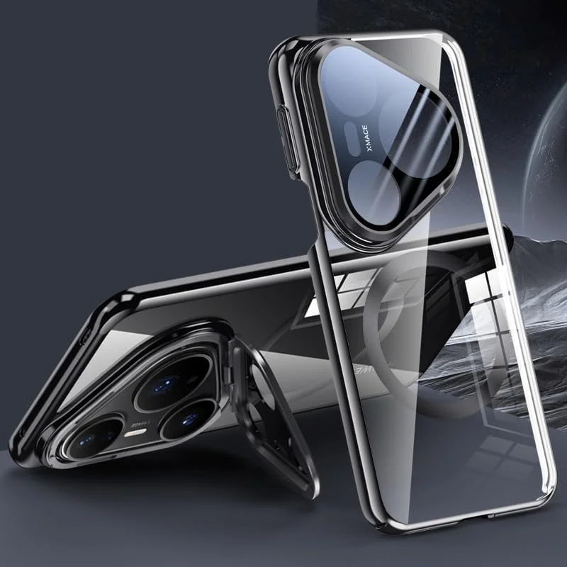 کاور آهنربایی Gruattreay برای Huawei Pura 80 Ultra 5G [پشتیبانی از شارژ بی‌سیم] استند فلزی دوربین با محافظ لنز فراگیر، کاور ضد ضربه شفاف آبکاری شده (مشکی)
