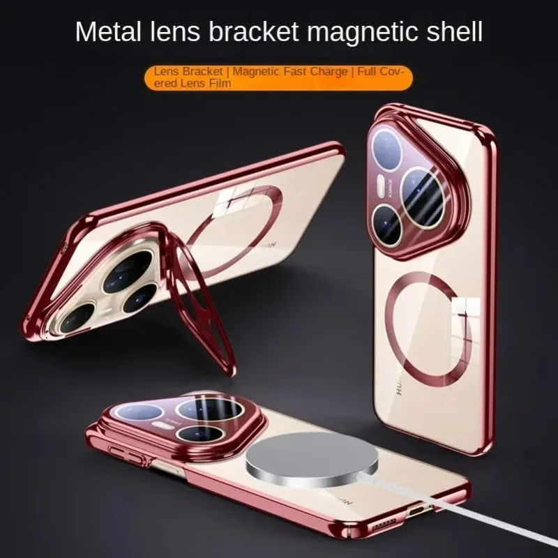 کاور آهنربایی Gruattreay برای Huawei Pura 80 Ultra 5G [پشتیبانی از شارژ بی‌سیم] استند فلزی دوربین با محافظ لنز فراگیر، کاور ضد ضربه شفاف آبکاری شده (مشکی)