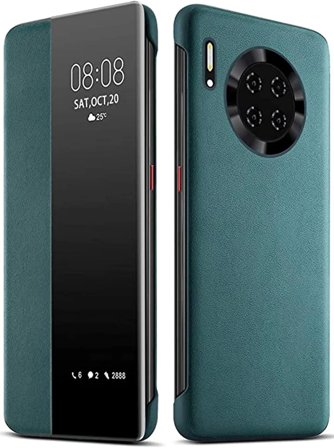 کاور محافظ چرمی هوشمند DELFINO سبز رنگ برای گوشی Huawei Mate 30 Pro، بامپر TPU با قابلیت جذب ضربه، کاور شفاف ضد ضربه، دارای پنجره نمایش هوشمند