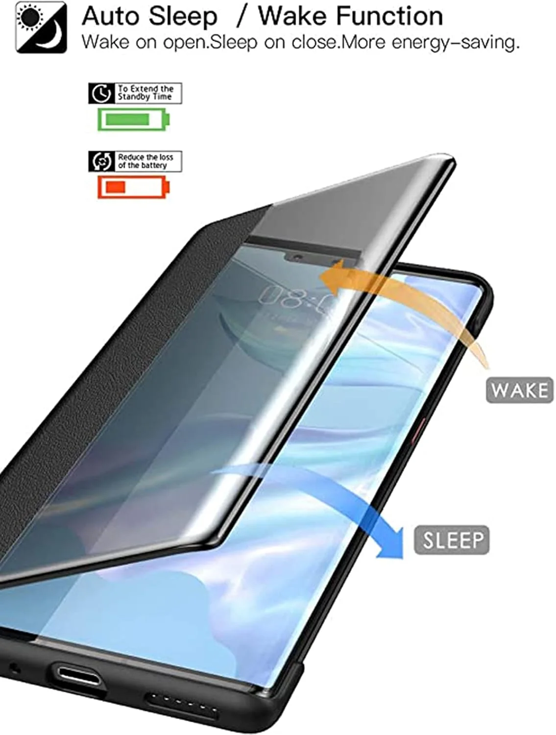 کاور محافظ چرمی هوشمند DELFINO سبز رنگ برای گوشی Huawei Mate 30 Pro، بامپر TPU با قابلیت جذب ضربه، کاور شفاف ضد ضربه، دارای پنجره نمایش هوشمند