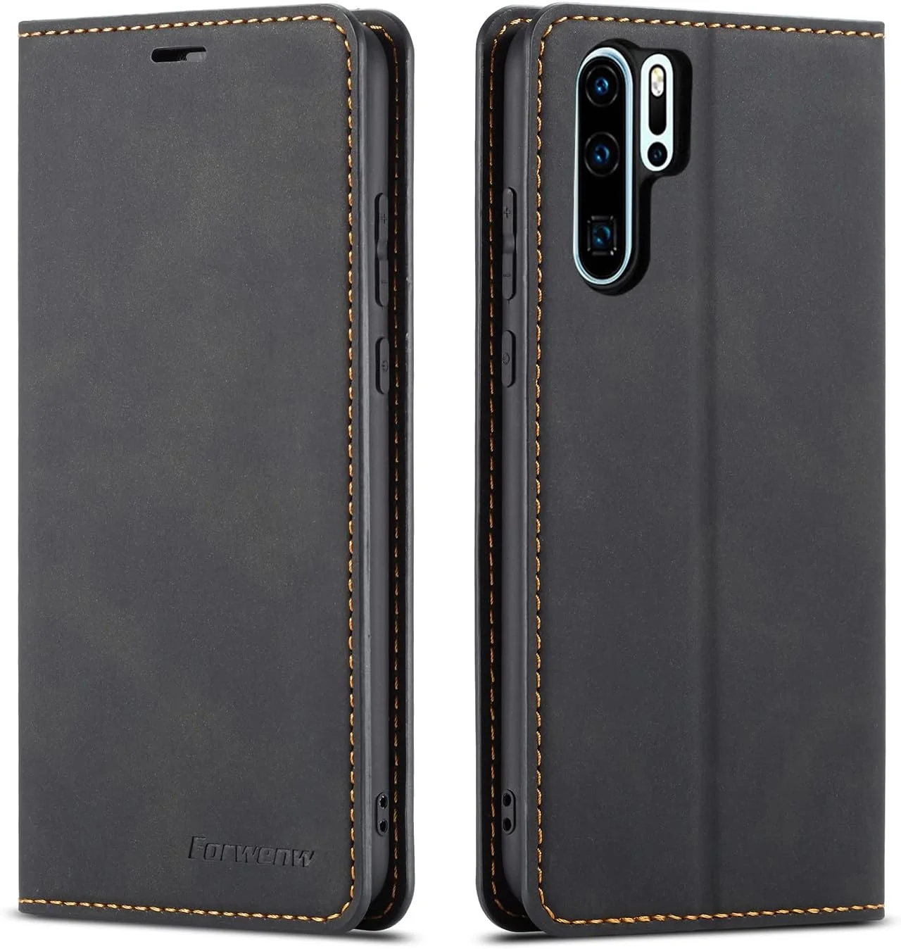 کیف چرمی محافظ گوشی هوآوی P30 Pro، کاور چرمی PU با سپر TPU، دارای جای کارت، استند، جذب مغناطیسی مخفی، ضد ضربه، سازگار با هوآوی P30 Pro - مشکی