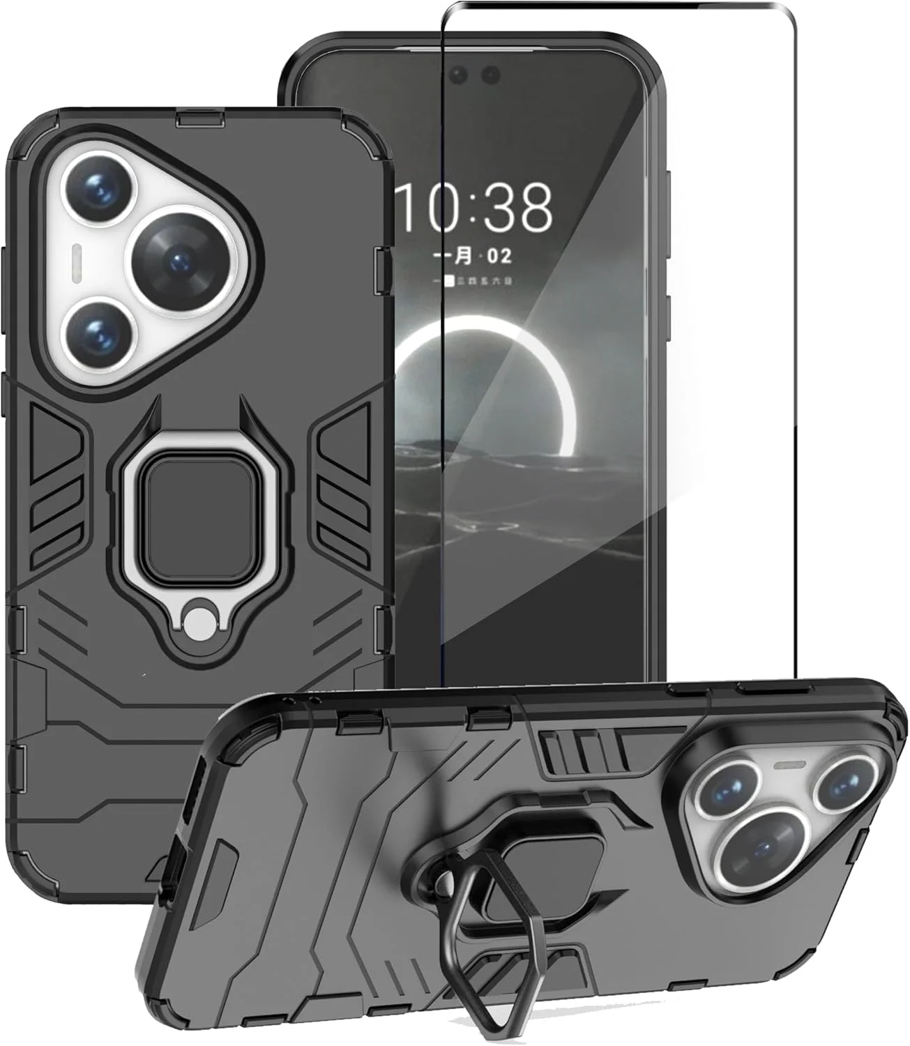 کاور محافظ گوشی هوآوی Pura 70 Pro به همراه محافظ صفحه نمایش شیشه ای، کاور محافظ دو لایه مقاوم در برابر ضربه با حلقه مغناطیسی - مشکی