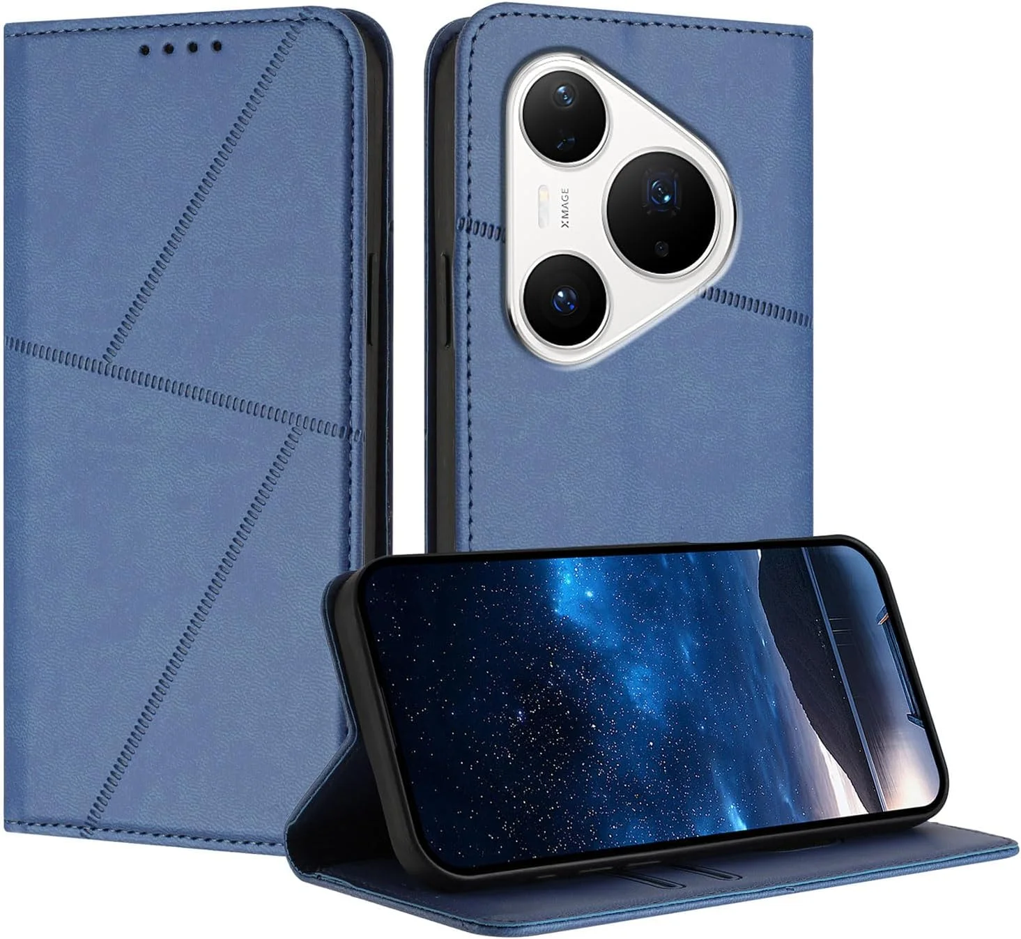 کاور سازگار با هوآوی Pura 80 Pro/Pura 80 Pro Plus، دارای قفل مغناطیسی، کیف پول چرمی PU با جای کارت و استند تاشو - آبی