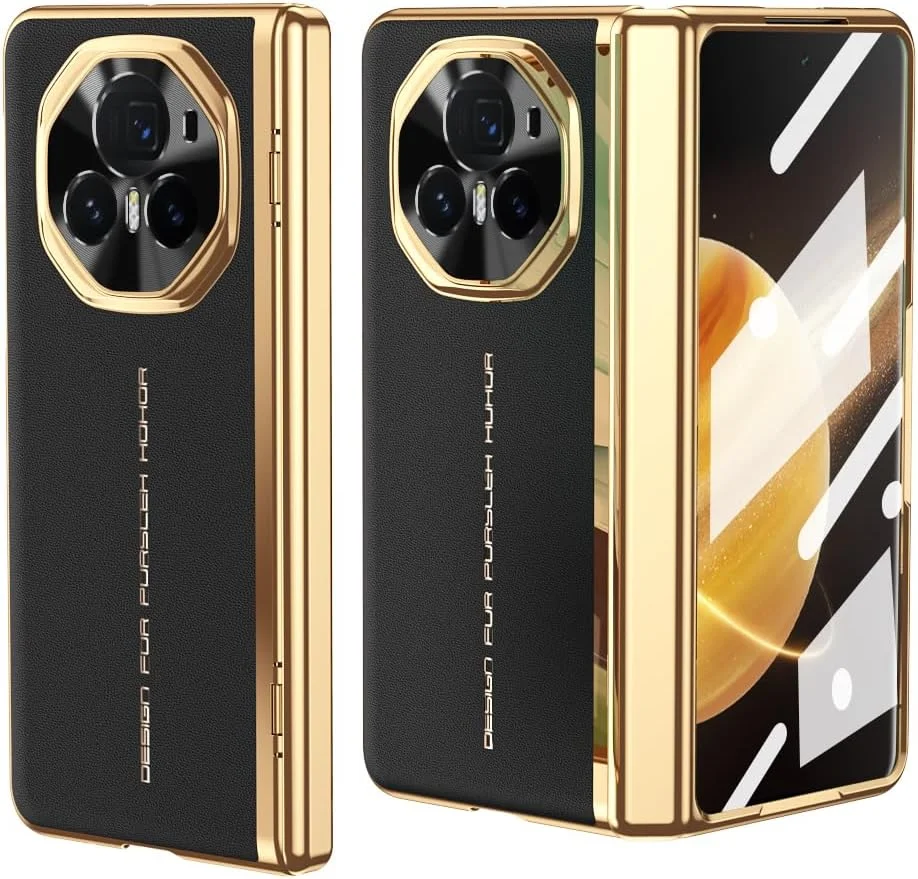 قاب چرمی لوکس HUOLUNGJIN با روکش آبکاری سازگار با هواوی Honor Magic V3، [محافظت از لولا] [محافظ صفحه نمایش HD داخلی] پوشش محافظ ضد ضربه تلفن برای هواوی Honor Magic V3 (مشکی)