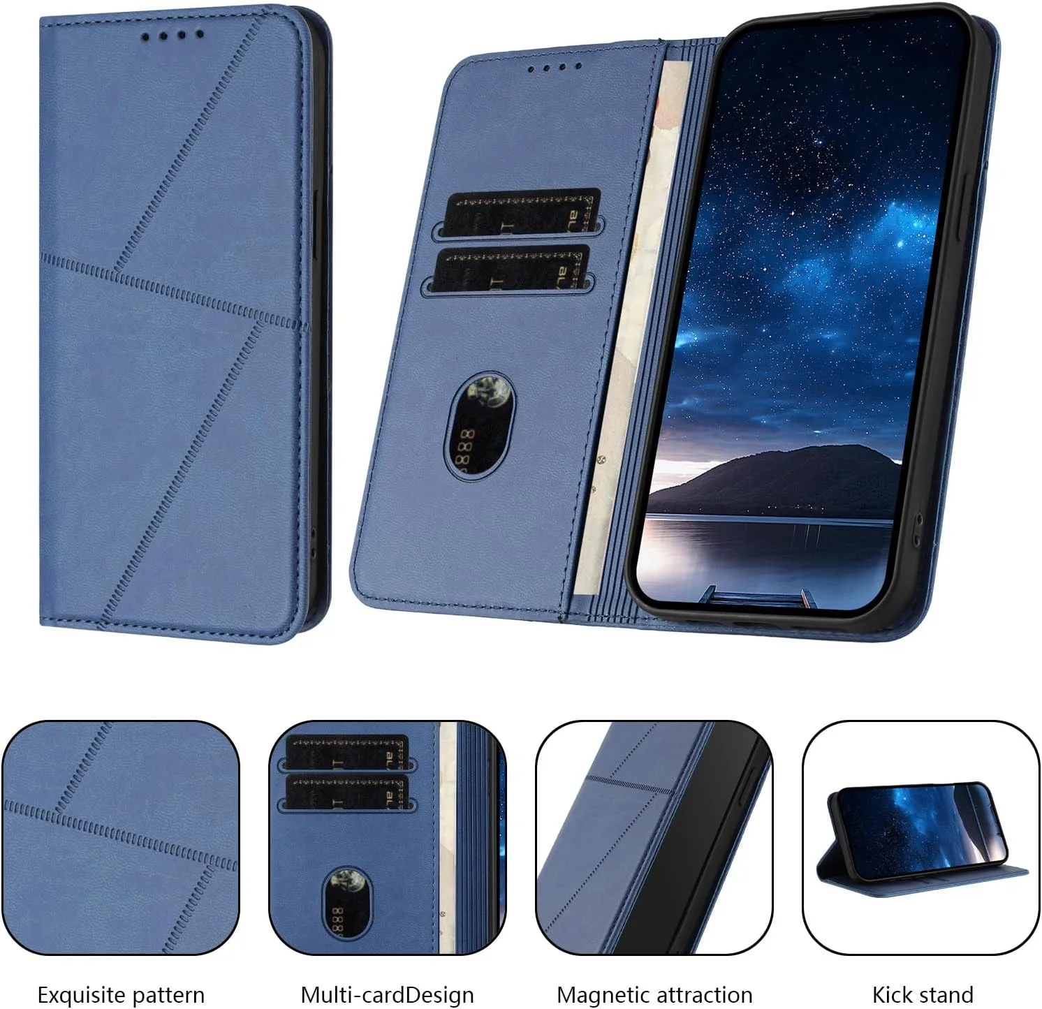 کاور سازگار با هوآوی Pura 80 Pro/Pura 80 Pro Plus، دارای قفل مغناطیسی، کیف پول چرمی PU با جای کارت و استند تاشو - آبی