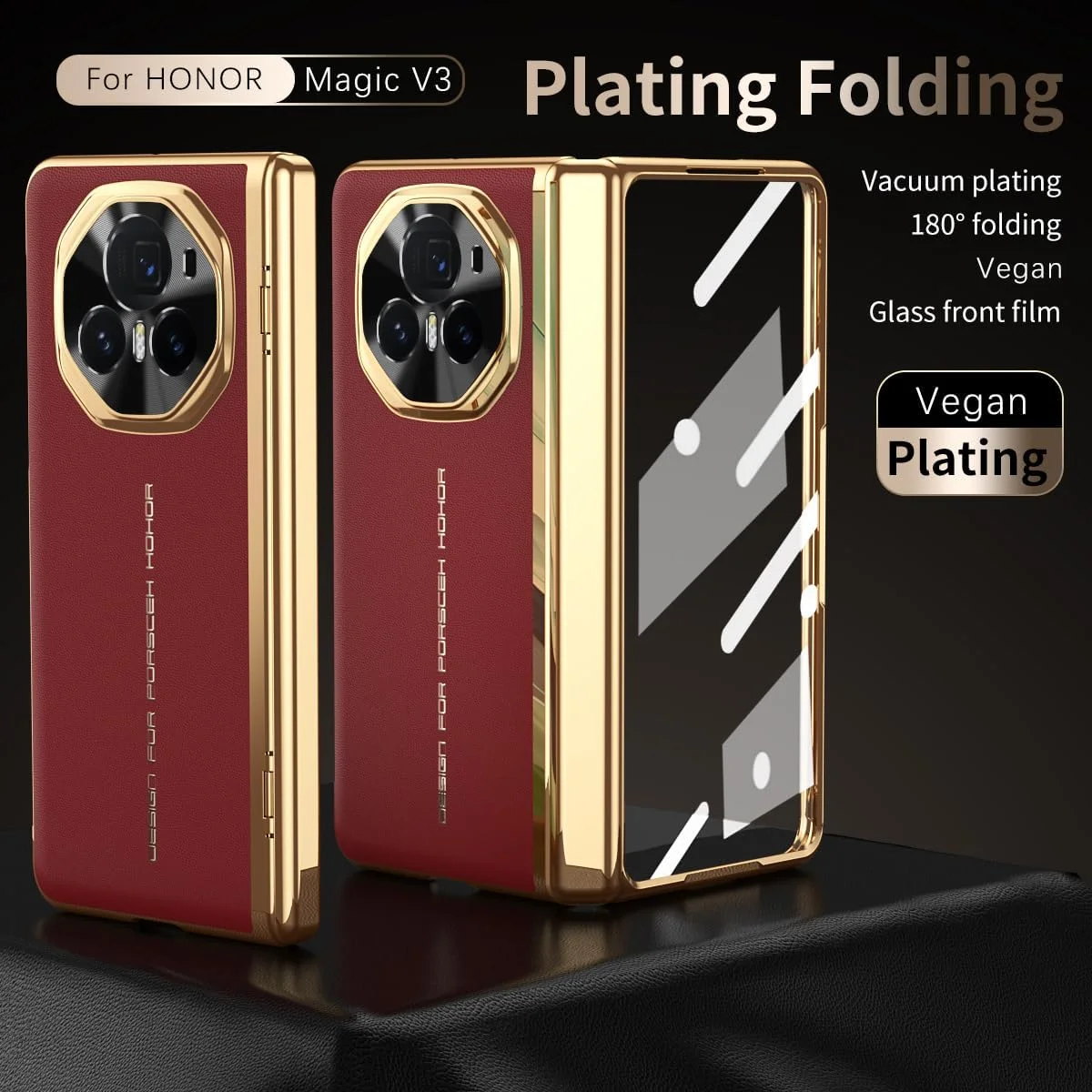 قاب چرمی لوکس HUOLUNGJIN با روکش آبکاری سازگار با هواوی Honor Magic V3، [محافظت از لولا] [محافظ صفحه نمایش HD داخلی] پوشش محافظ ضد ضربه تلفن برای هواوی Honor Magic V3 (مشکی)