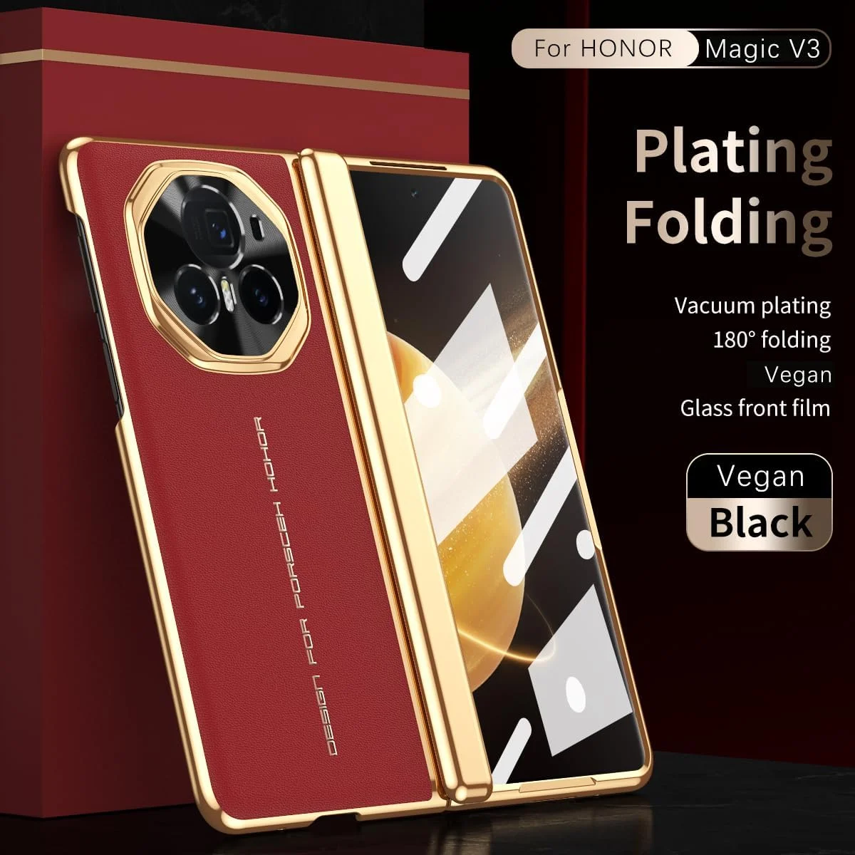 قاب چرمی لوکس HUOLUNGJIN با روکش آبکاری سازگار با هواوی Honor Magic V3، [محافظت از لولا] [محافظ صفحه نمایش HD داخلی] پوشش محافظ ضد ضربه تلفن برای هواوی Honor Magic V3 (مشکی)