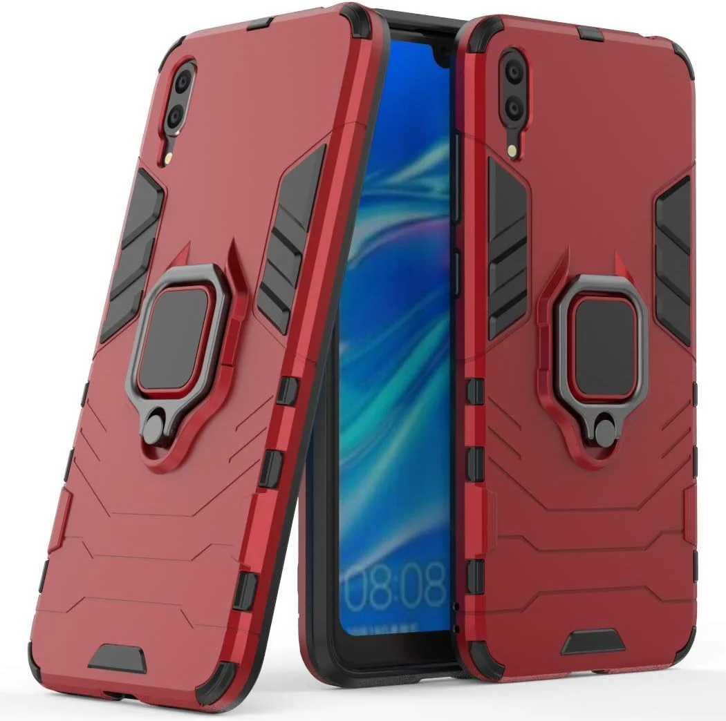 قاب محافظ گوشی هوآوی Y7 Pro (2019) مای‌جین، با حلقه فلزی و استند، ضد ضربه، سپر سخت (سازگار با پایه مغناطیسی خودرو)، دو لایه، مقاوم، قرمز