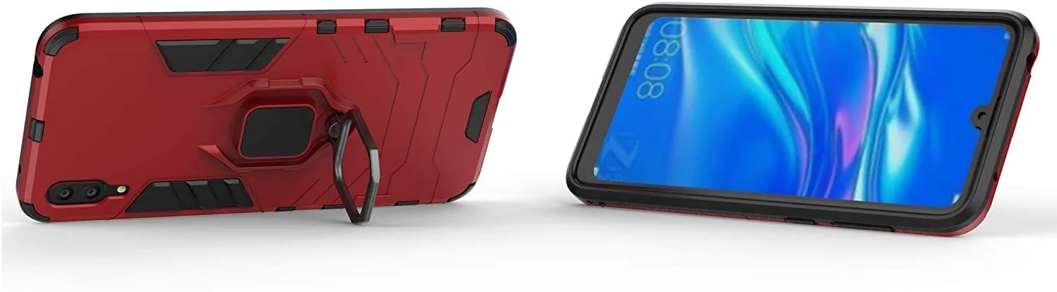 قاب محافظ گوشی هوآوی Y7 Pro (2019) مای‌جین، با حلقه فلزی و استند، ضد ضربه، سپر سخت (سازگار با پایه مغناطیسی خودرو)، دو لایه، مقاوم، قرمز