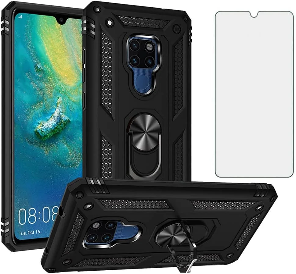 قاب گوشی برای هوآوی میت 20 ایکس به همراه محافظ صفحه نمایش شیشه ای حرارت دیده، دارای حلقه نگهدارنده، ضد ضربه، سیلیکونی، مقاوم، لوازم جانبی فلزی آهنربایی، مشکی