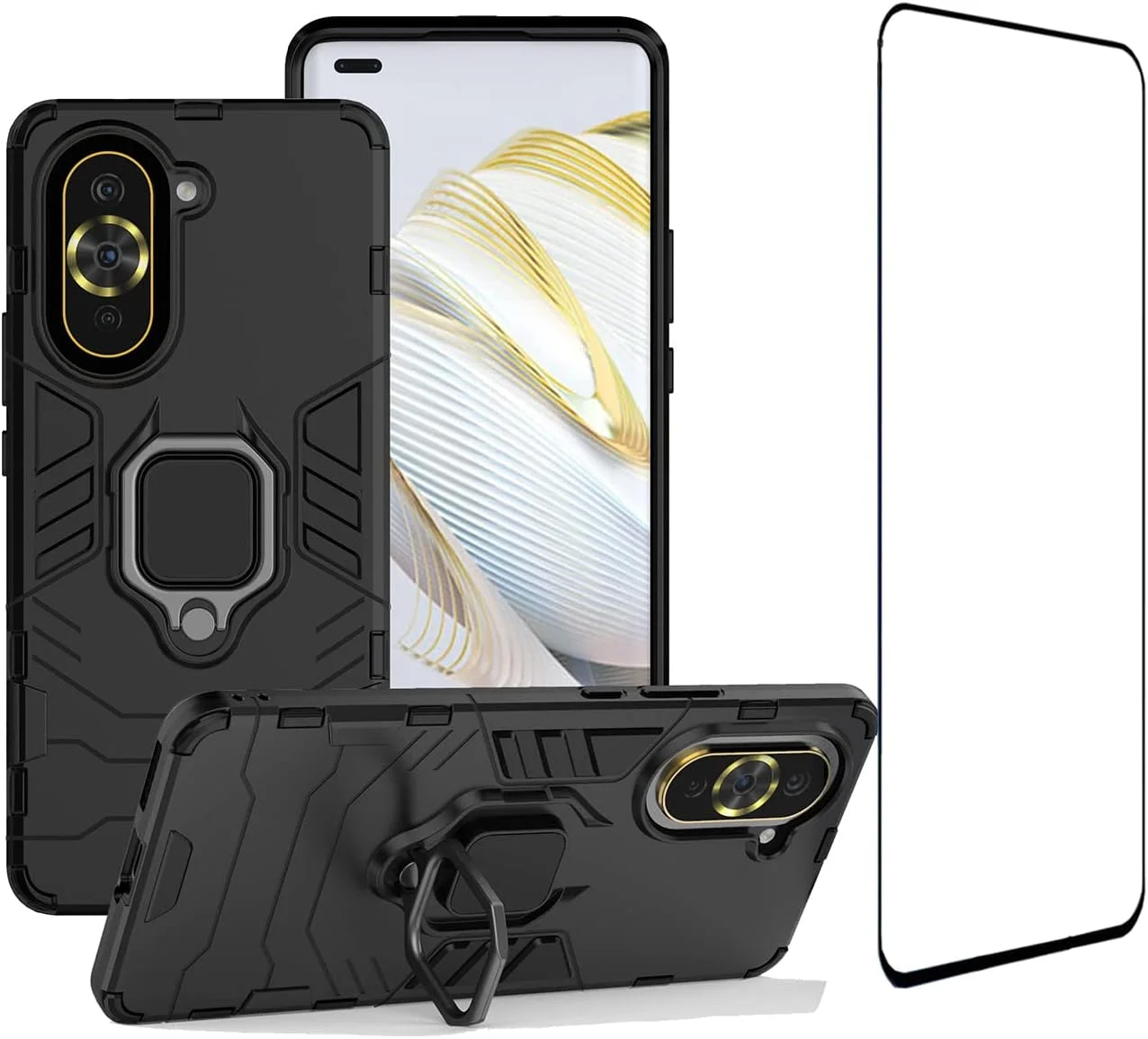 [1+1] کاور برای هوآوی نوا 10 4G، کاور مقاوم و ضد خش با پایه استند به همراه محافظ صفحه نمایش شیشه ای حرارت دیده (1 عدد) (هوآوی نوا 10 4G، مشکی)