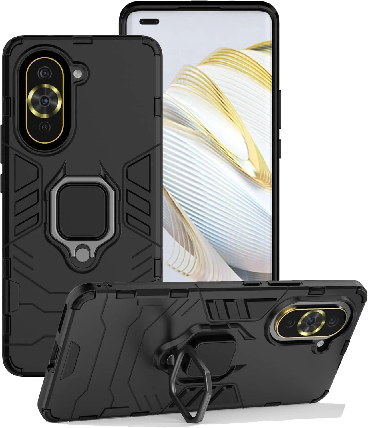 [1+1] کاور برای هوآوی نوا 10 4G، کاور مقاوم و ضد خش با پایه استند به همراه محافظ صفحه نمایش شیشه ای حرارت دیده (1 عدد) (هوآوی نوا 10 4G، مشکی)