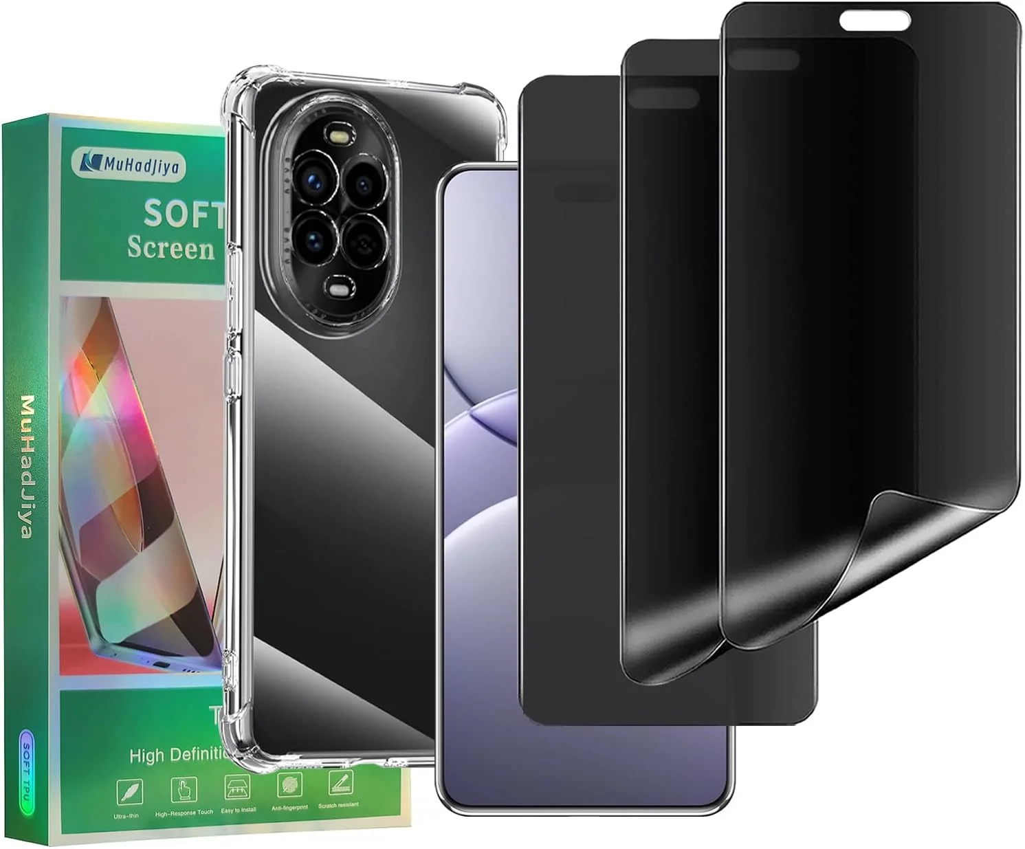 محافظ صفحه نمایش حریم خصوصی نرم MuHadJiya برای هوآوی نوا 13 پرو [بسته 4 عددی] به همراه قاب گوشی TPU شفاف، جایگزین فیلم TPU ضد جاسوسی با قاب کریستالی (برای هوآوی نوا 13 پرو 5G)