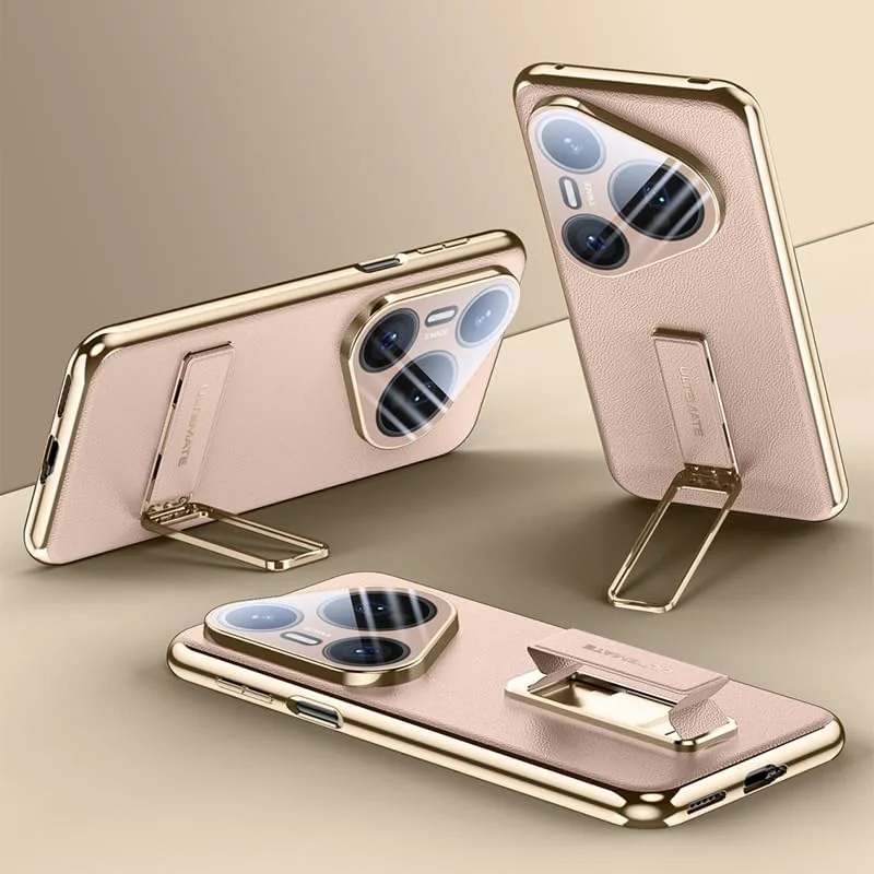 کاور چرمی Gruattreay سازگار با Huawei Pura 80 Ultra 5G، محافظت کامل از لنز دوربین، مجهز به مچ بند مغناطیسی جمع شونده، پایه فلزی چرخان و ضد ضربه (طلایی)