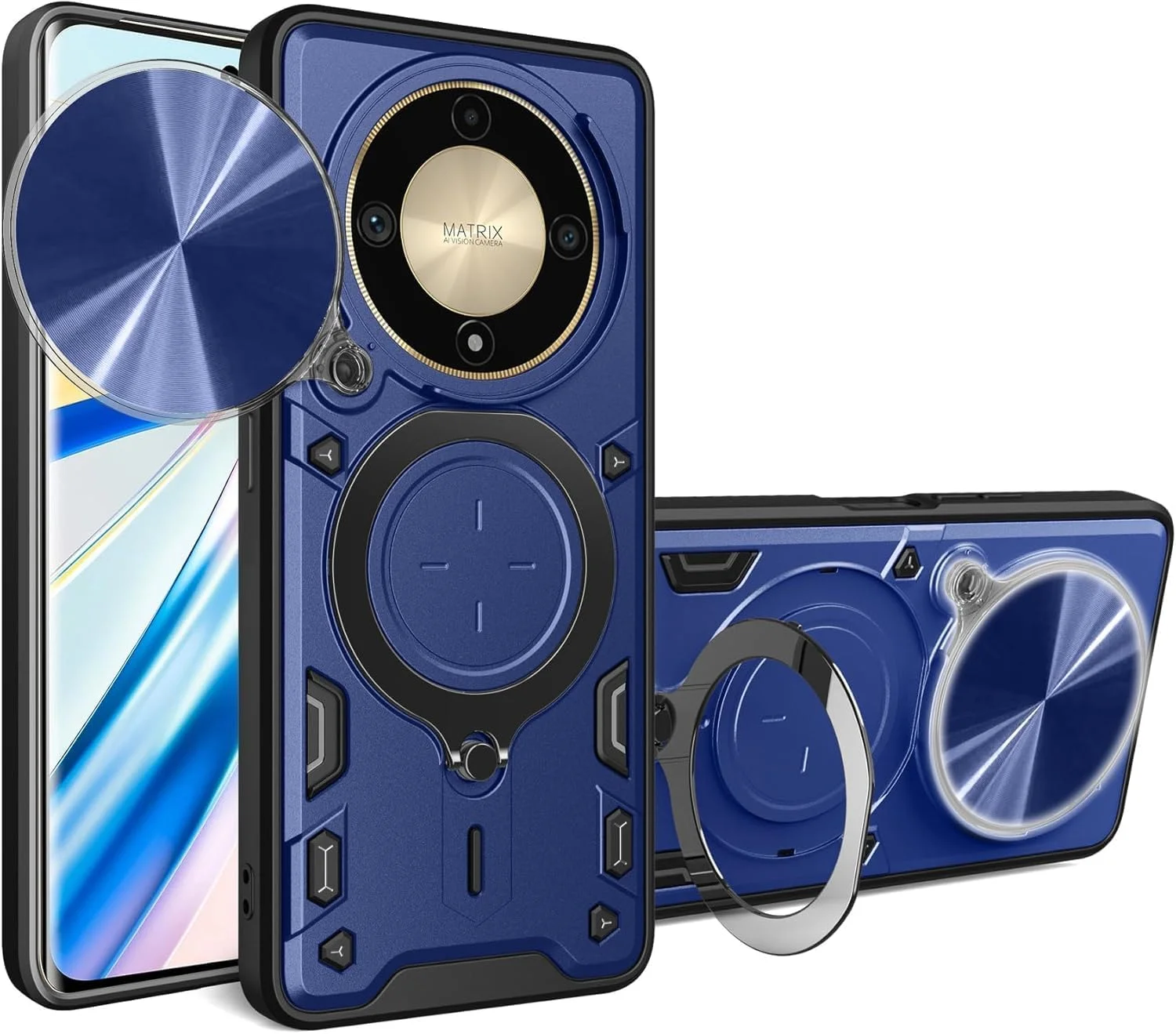 محافظ ضربه گیر سازگار با Honor X9C، سبک نظامی مقاوم در برابر سقوط با پوشش کشویی لنز و پایه چرخان 360 درجه، صفحه فلزی برای نگهدارنده مغناطیسی خودرو (آبی، 6.78 اینچ)