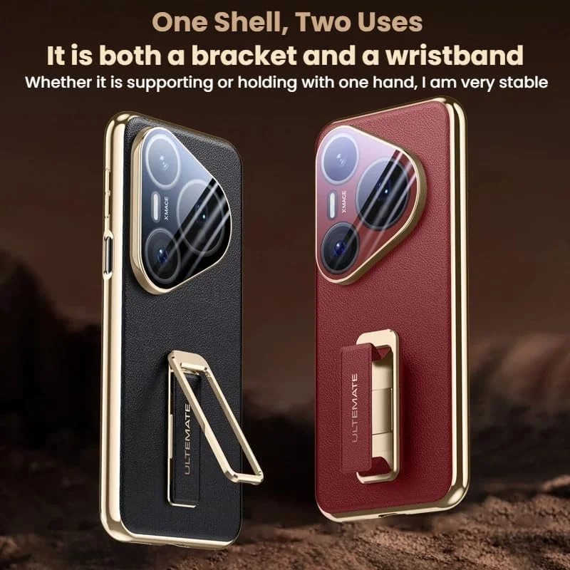 کاور چرمی Gruattreay سازگار با Huawei Pura 80 Ultra 5G، محافظت کامل از لنز دوربین، مجهز به مچ بند مغناطیسی جمع شونده، پایه فلزی چرخان و ضد ضربه (طلایی)