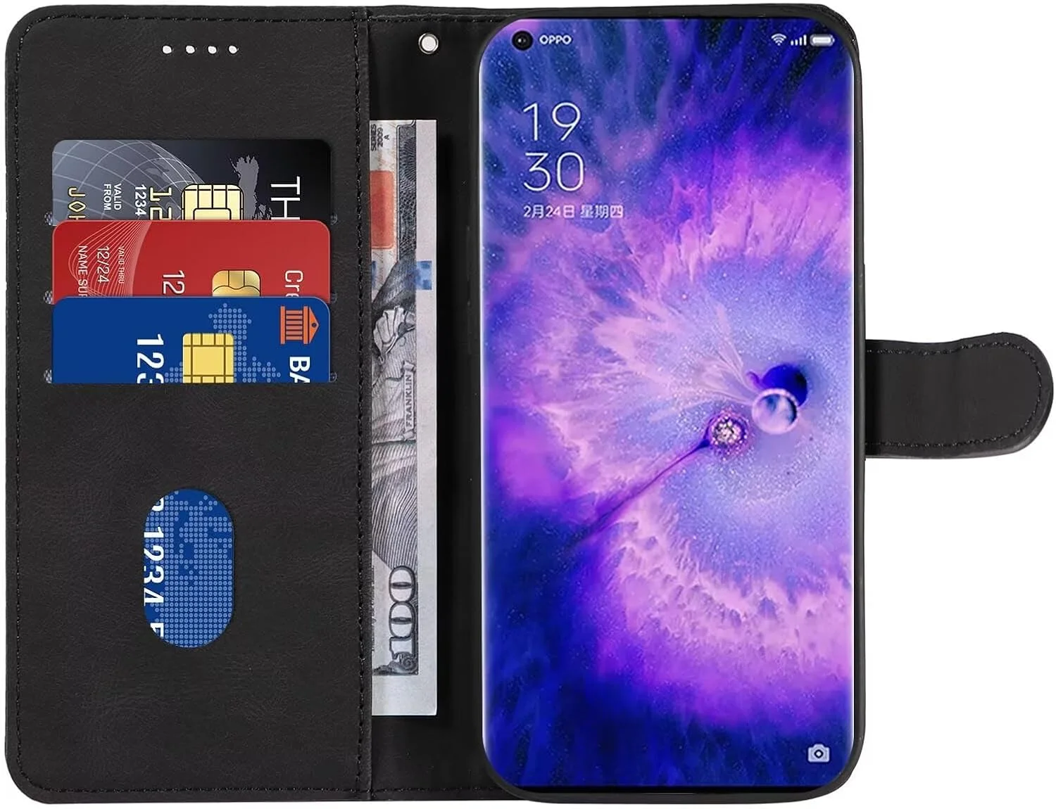 کیف پول چرمی 2 در 1 سازگار با قاب گوشی هوآوی P30 پرو، دارای محفظه کارت اعتباری، کاور مغناطیسی و پایه تاشو - مشکی