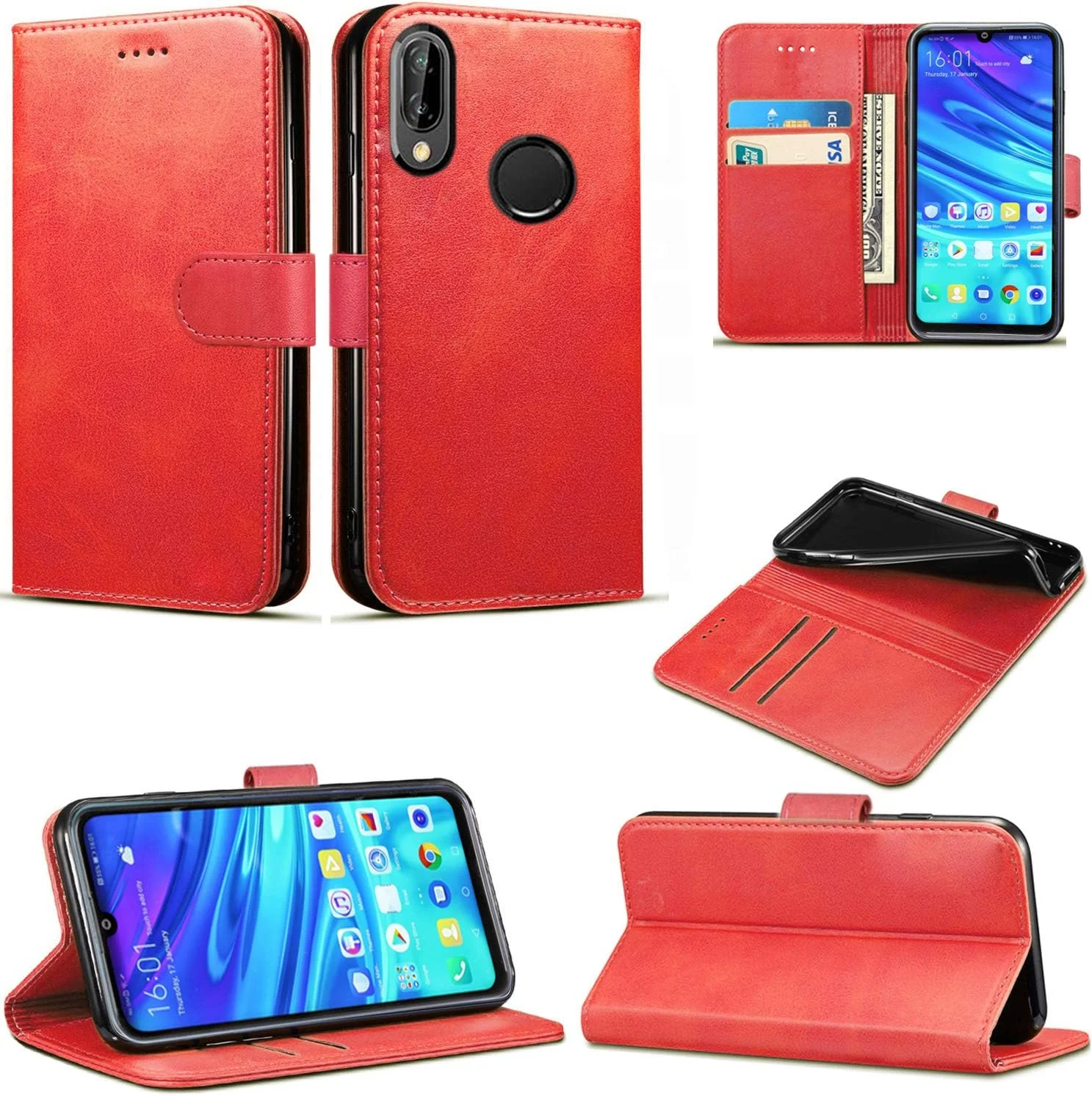 کاور کیف پول چرمی Huawei P Smart 2019 / Honor 10 Lite با قفل مغناطیسی و جای کارت (طرح کتاب قرمز)