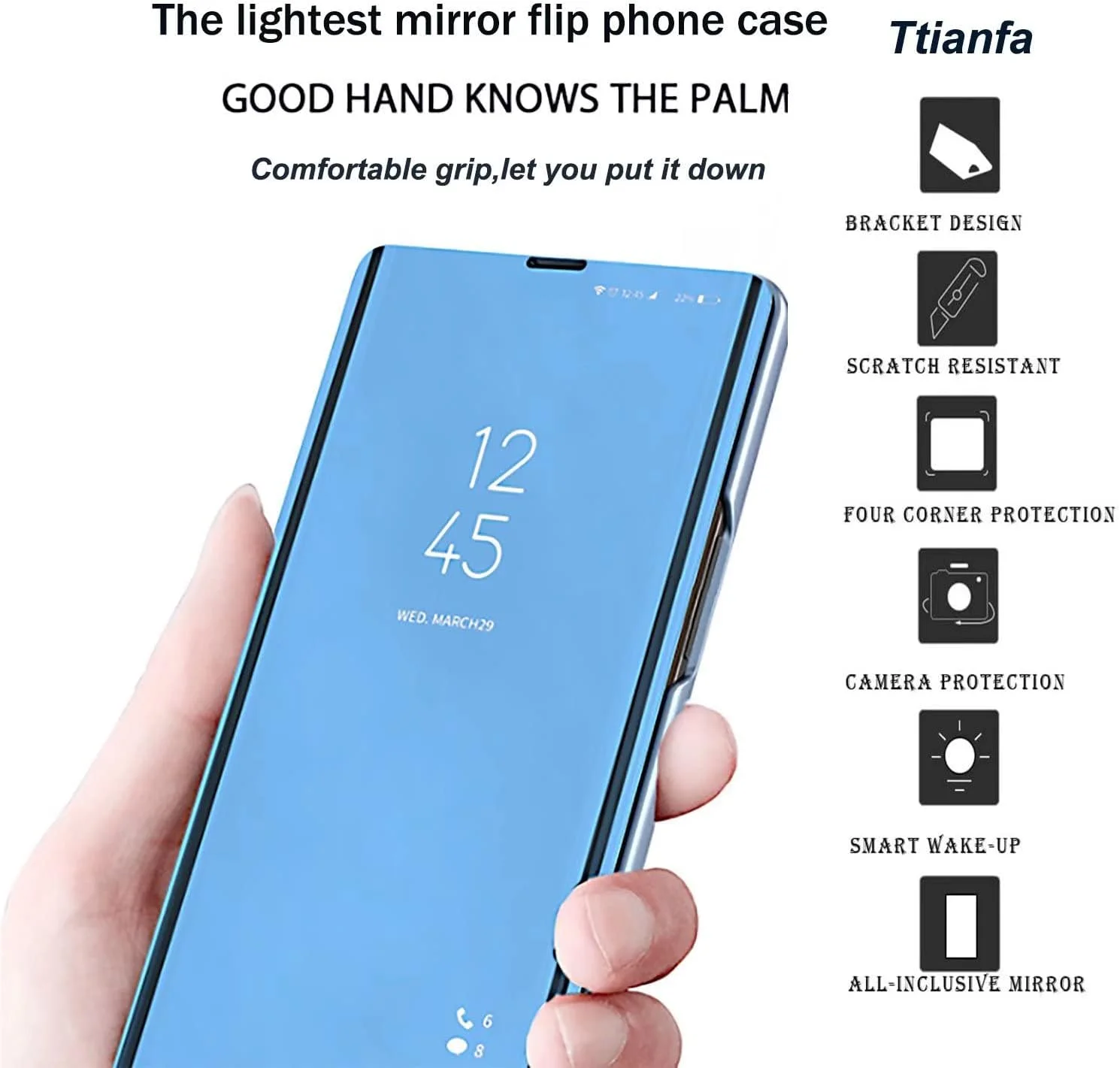 کیف تیانفا برای گوشی هوآوی P30 Pro، کیف محافظ آینه ای تاشو، محافظ صفحه نمایش، عملکرد محافظتی 360 درجه، ضد ضربه، کیف چرمی PU با نمای شفاف سازگار با هوآوی P30 Pro، آبی