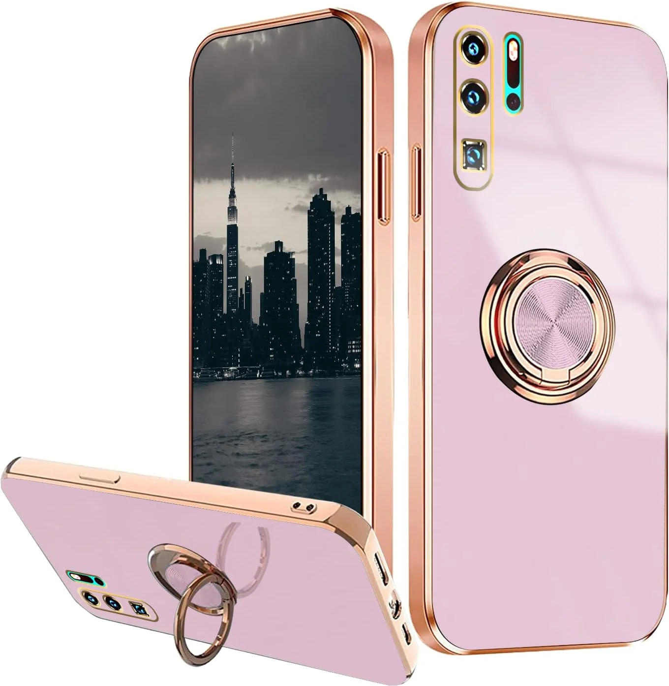 قاب گوشی هواوی P30 پرو سازگار با Wousunly، دارای حلقه نگهدارنده مغناطیسی سبز، قاب گوشی هواوی P30 پرو سیلیکونی ضد ضربه، پوشش باریک لوکس (بنفش)