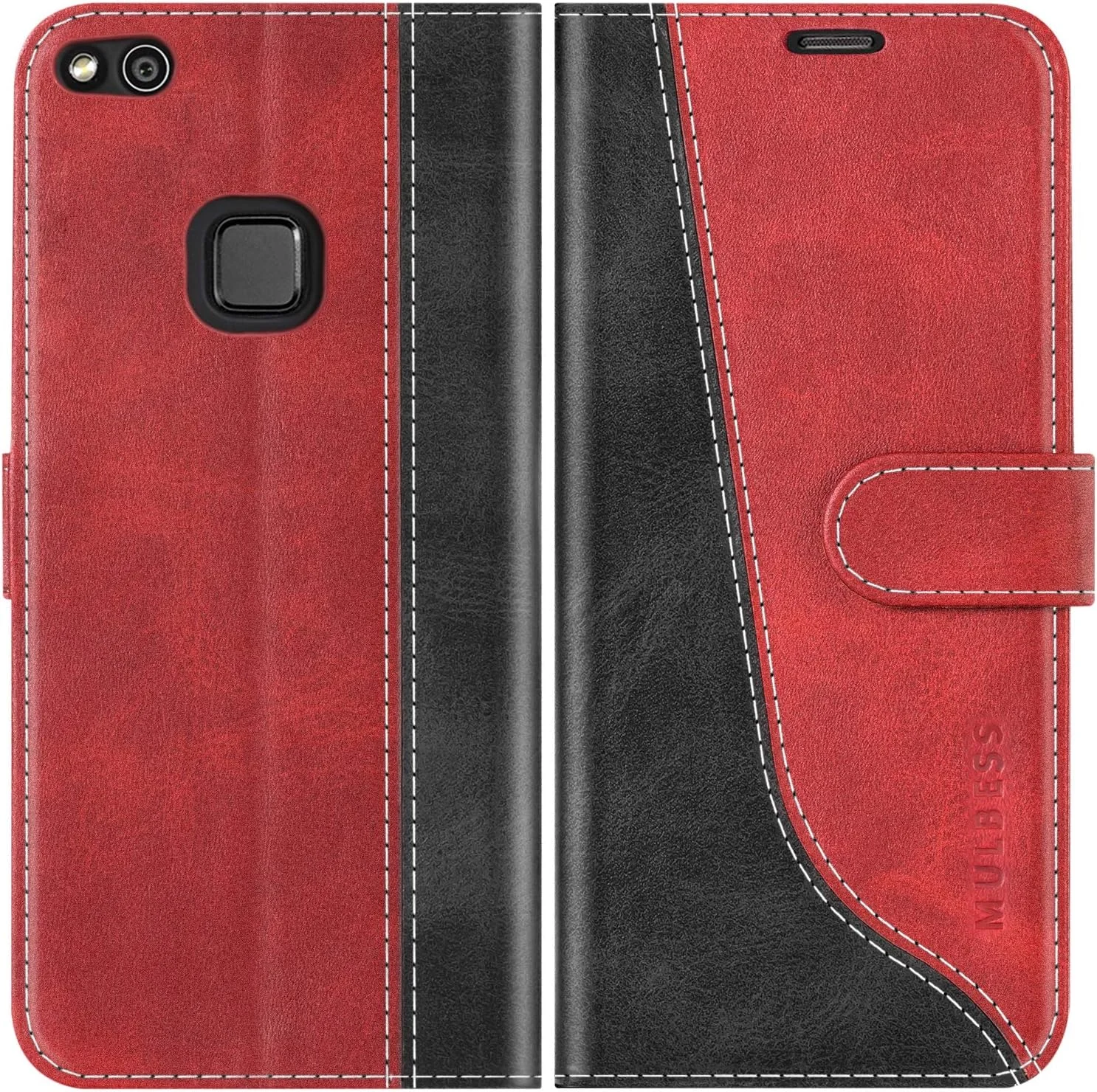 کیف پول چرمی تاشو شیک Mulbess برای گوشی Huawei P10 Lite، کاور گوشی Huawei P10 Lite، رنگ قرمز شرابی