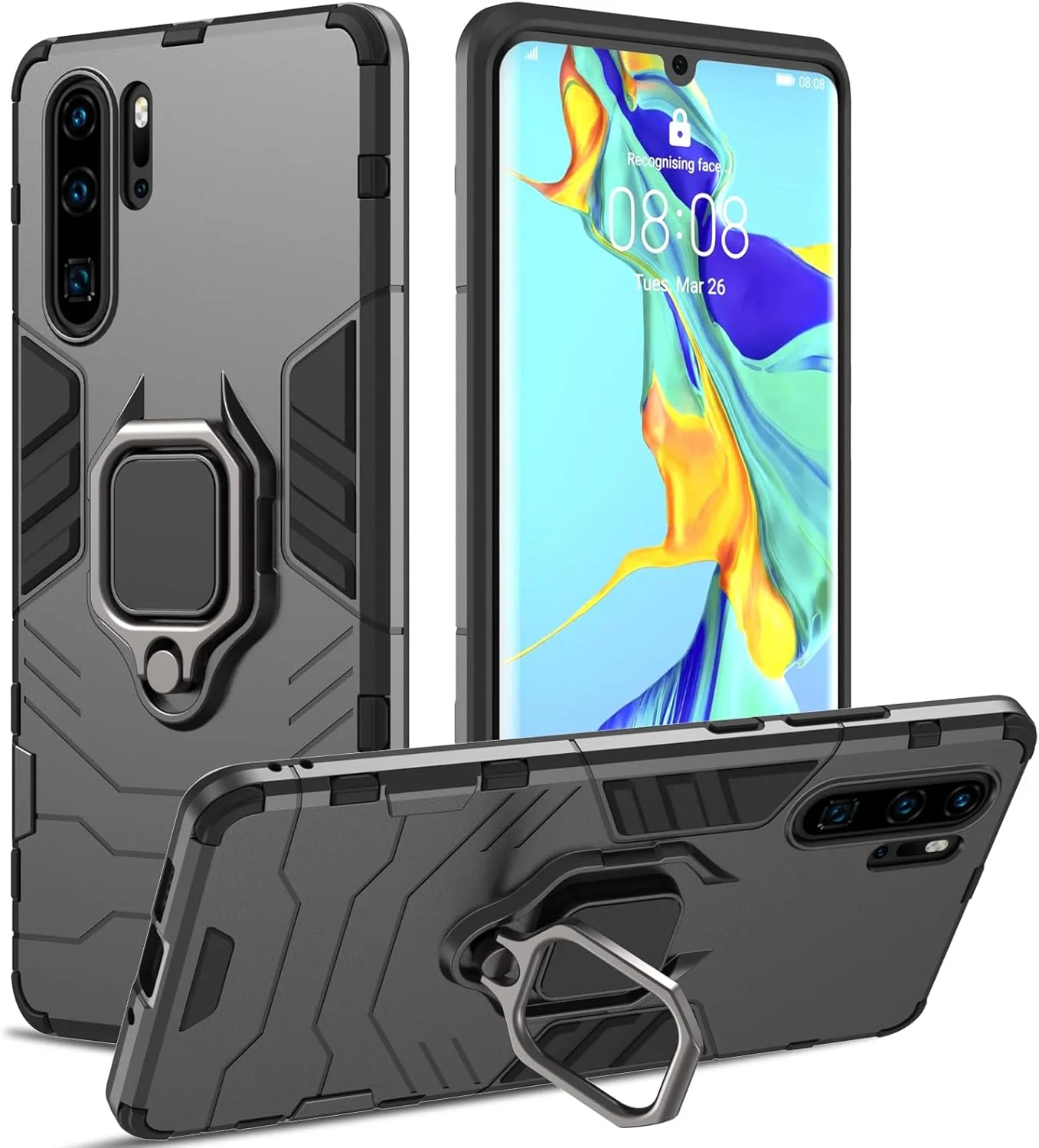 قاب محافظ رییموهیر برای هوآوی P30 پرو، کاور ضد ضربه با پایه حلقه فلزی 360 درجه، قاب محافظ سخت ضد خش، کاور سپر کل بدنه با محافظ دوربین (مشکی)