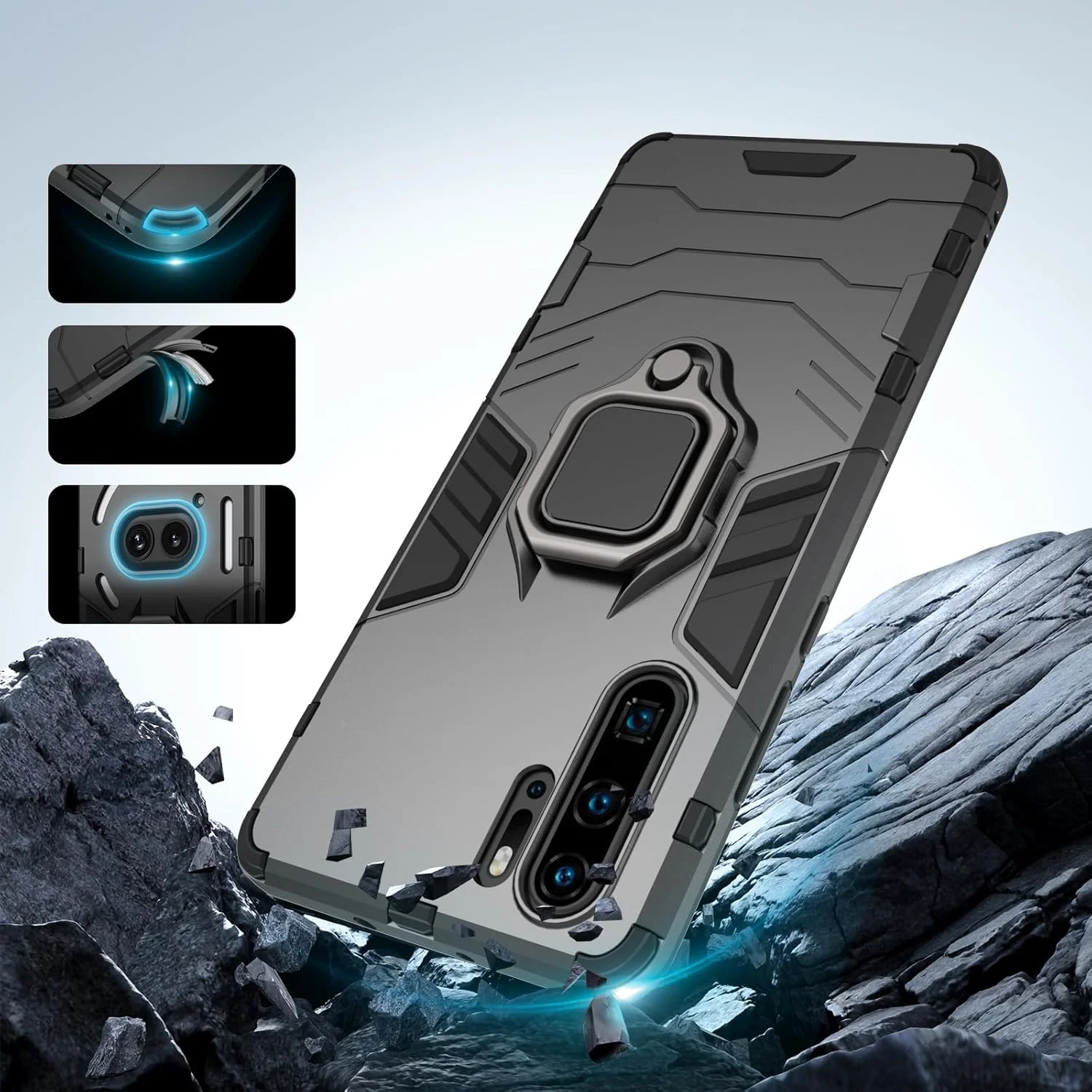 قاب محافظ رییموهیر برای هوآوی P30 پرو، کاور ضد ضربه با پایه حلقه فلزی 360 درجه، قاب محافظ سخت ضد خش، کاور سپر کل بدنه با محافظ دوربین (مشکی)