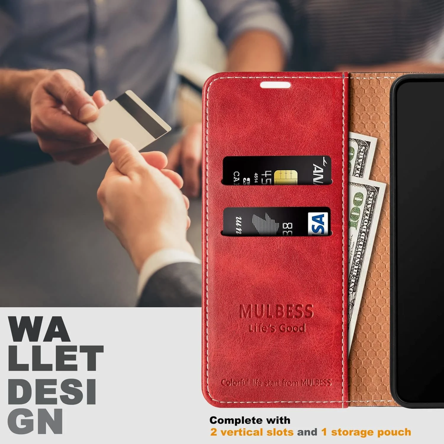 کیف پول چرمی تاشو شیک Mulbess برای گوشی Huawei P10 Lite، کاور گوشی Huawei P10 Lite، رنگ قرمز شرابی