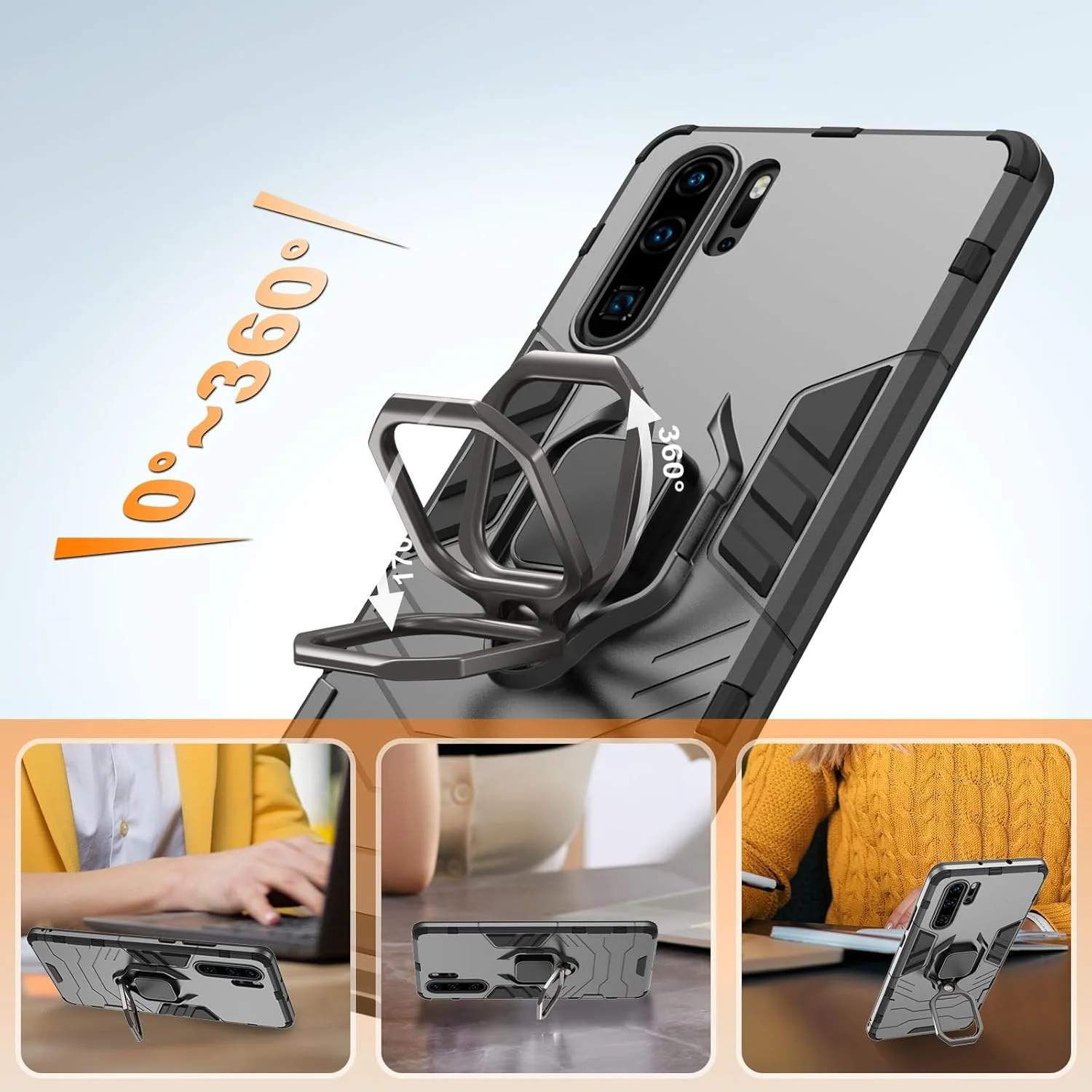 قاب محافظ رییموهیر برای هوآوی P30 پرو، کاور ضد ضربه با پایه حلقه فلزی 360 درجه، قاب محافظ سخت ضد خش، کاور سپر کل بدنه با محافظ دوربین (مشکی)