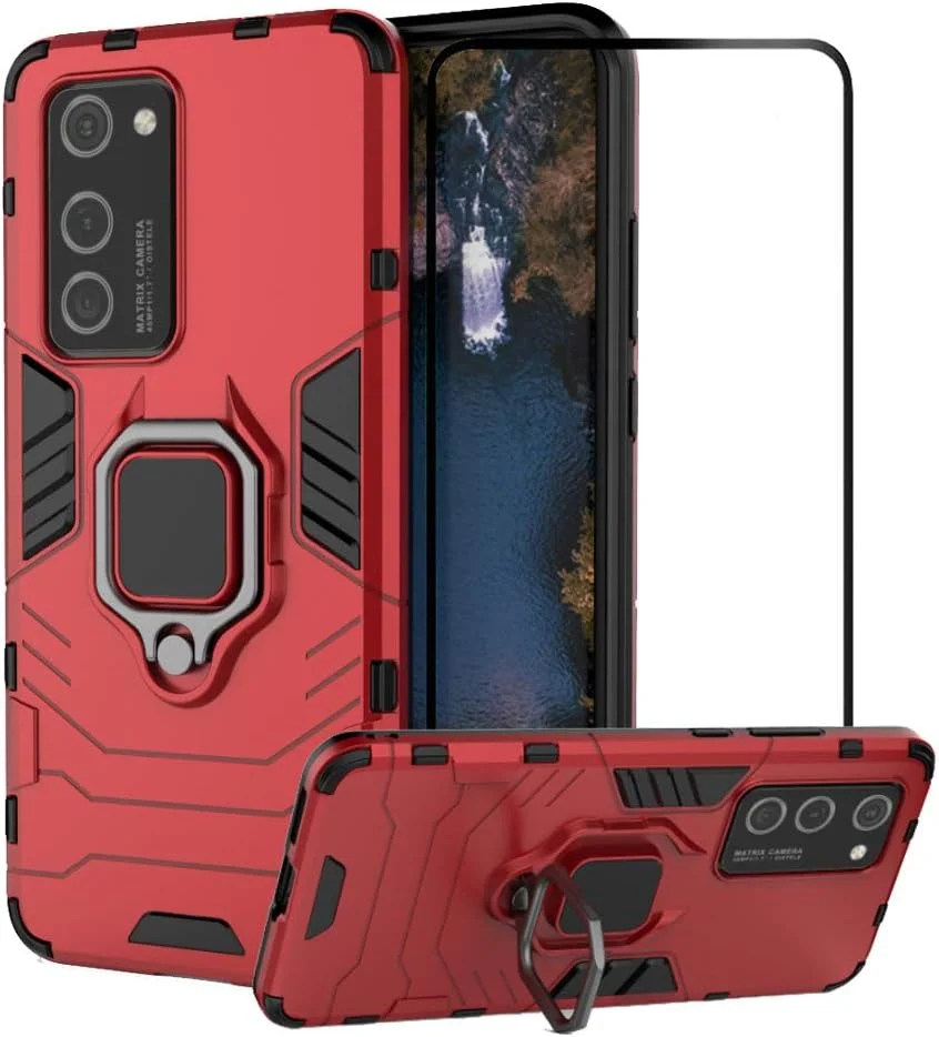 قاب محافظ گوشی هوآوی P40 Pro با محافظ صفحه نمایش شیشه ای حرارت دیده، محافظت سنگین و مقاوم در برابر ضربه، دارای پایه تاشو، رنگ قرمز قاب محافظ گوشی هوآوی P40 Pro با محافظ صفحه نمایش شیشه ای حرارت دیده، محافظت سنگین و مقاوم در برابر ضربه، دارای پایه تاشو، رنگ قرمز