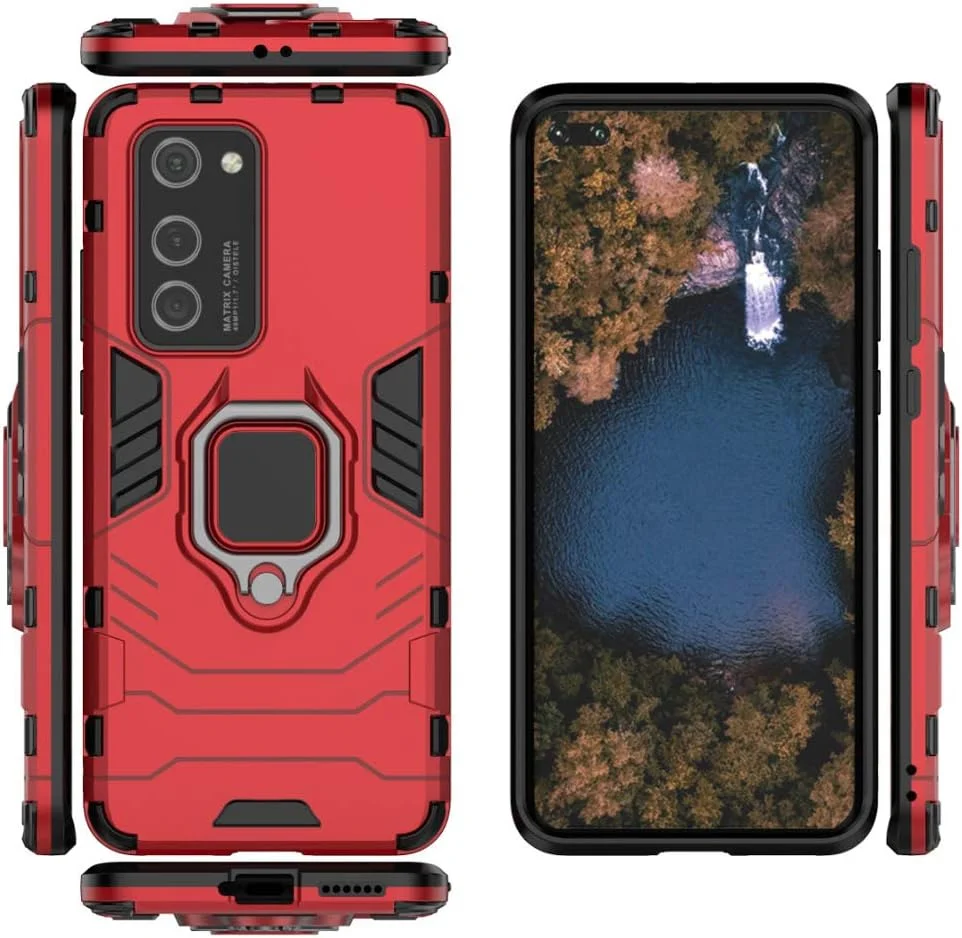 قاب محافظ گوشی هوآوی P40 Pro با محافظ صفحه نمایش شیشه ای حرارت دیده، محافظت سنگین و مقاوم در برابر ضربه، دارای پایه تاشو، رنگ قرمز