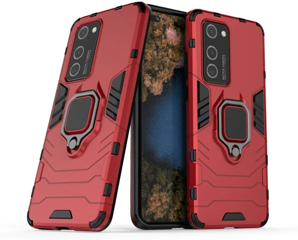 قاب محافظ گوشی هوآوی P40 Pro با محافظ صفحه نمایش شیشه ای حرارت دیده، محافظت سنگین و مقاوم در برابر ضربه، دارای پایه تاشو، رنگ قرمز