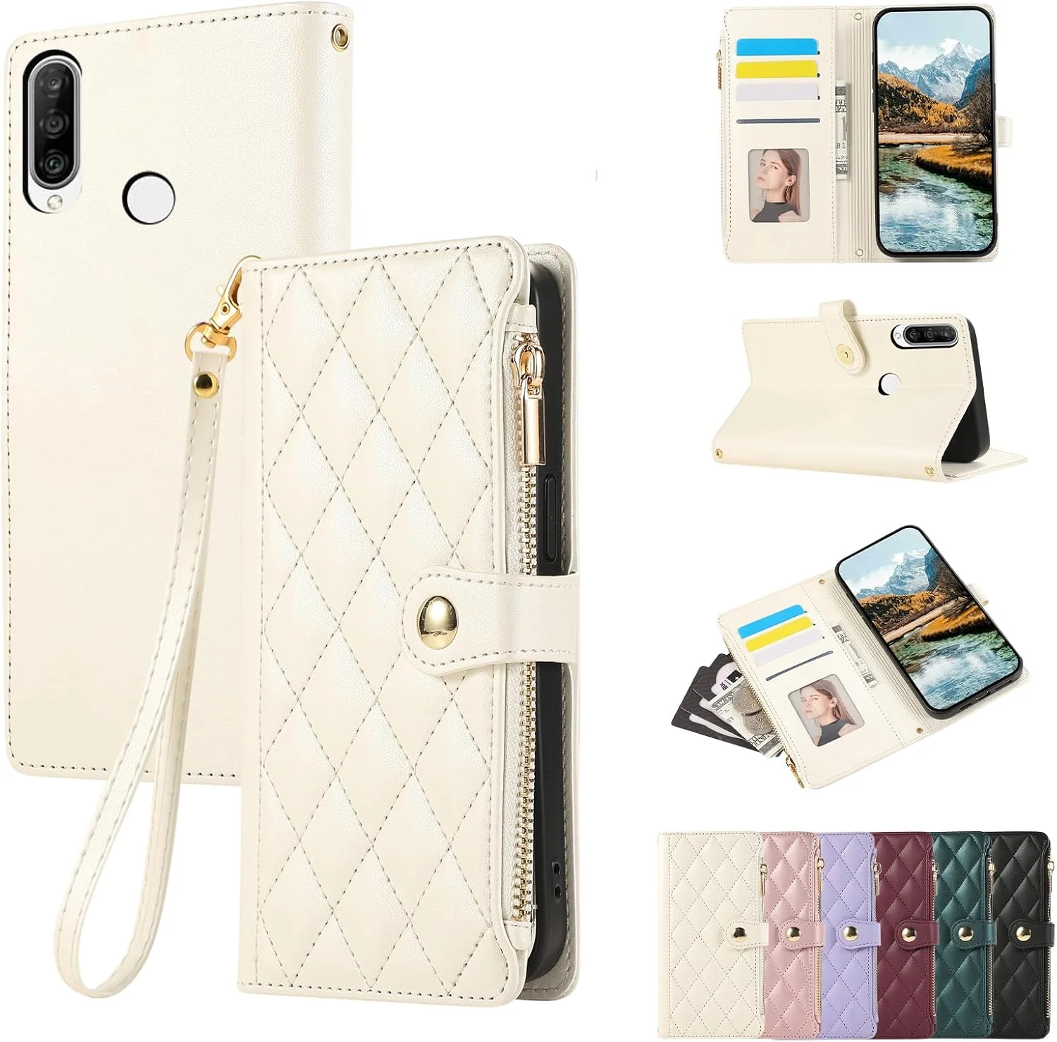 کیف محافظ چرمی PU با زیپ برای Huawei P30 Lite، دارای پایه مغناطیسی، سفید کیف محافظ چرمی PU با زیپ برای Huawei P30 Lite، دارای پایه مغناطیسی، سفید