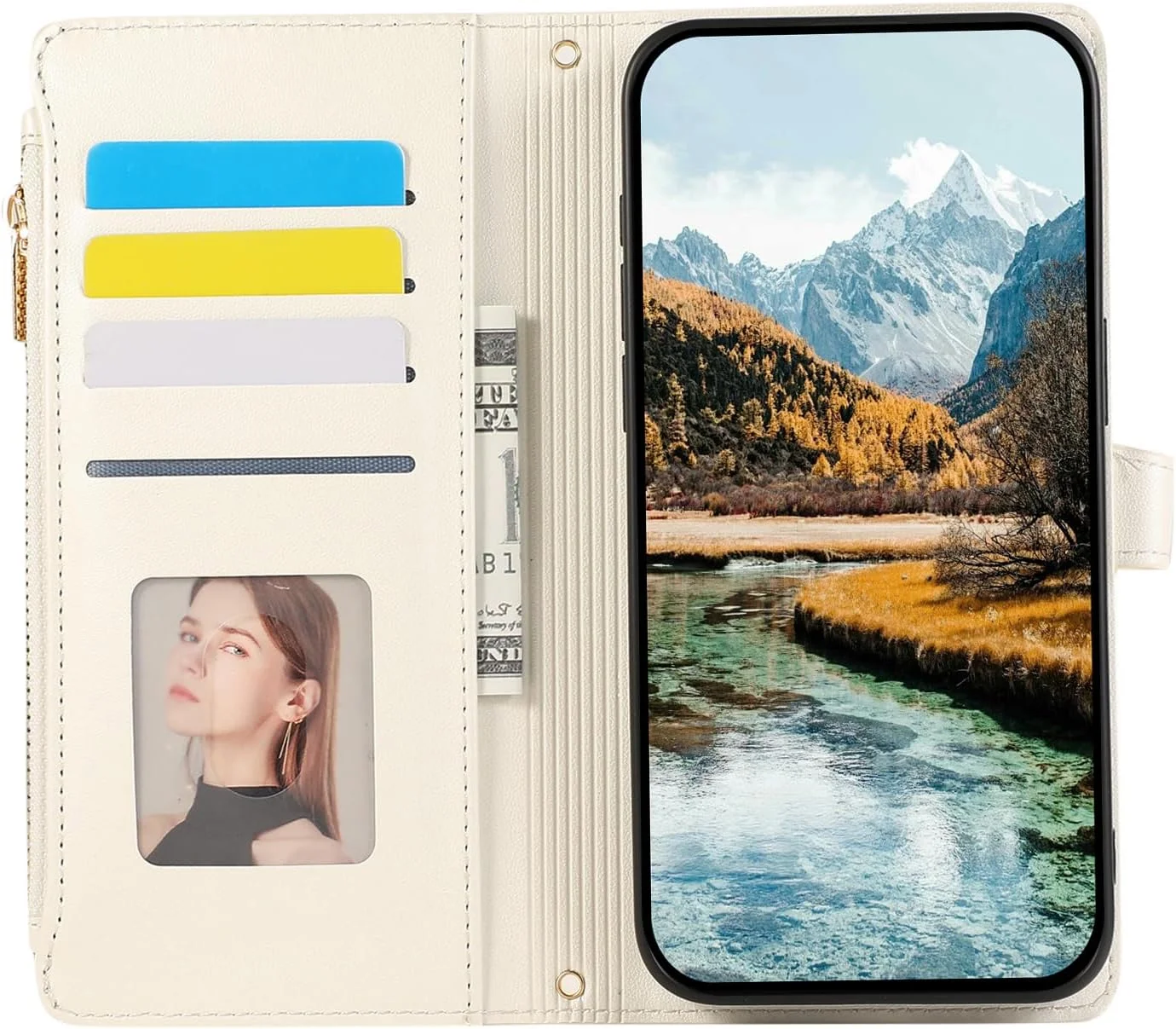 کیف محافظ چرمی PU با زیپ برای Huawei P30 Lite، دارای پایه مغناطیسی، سفید