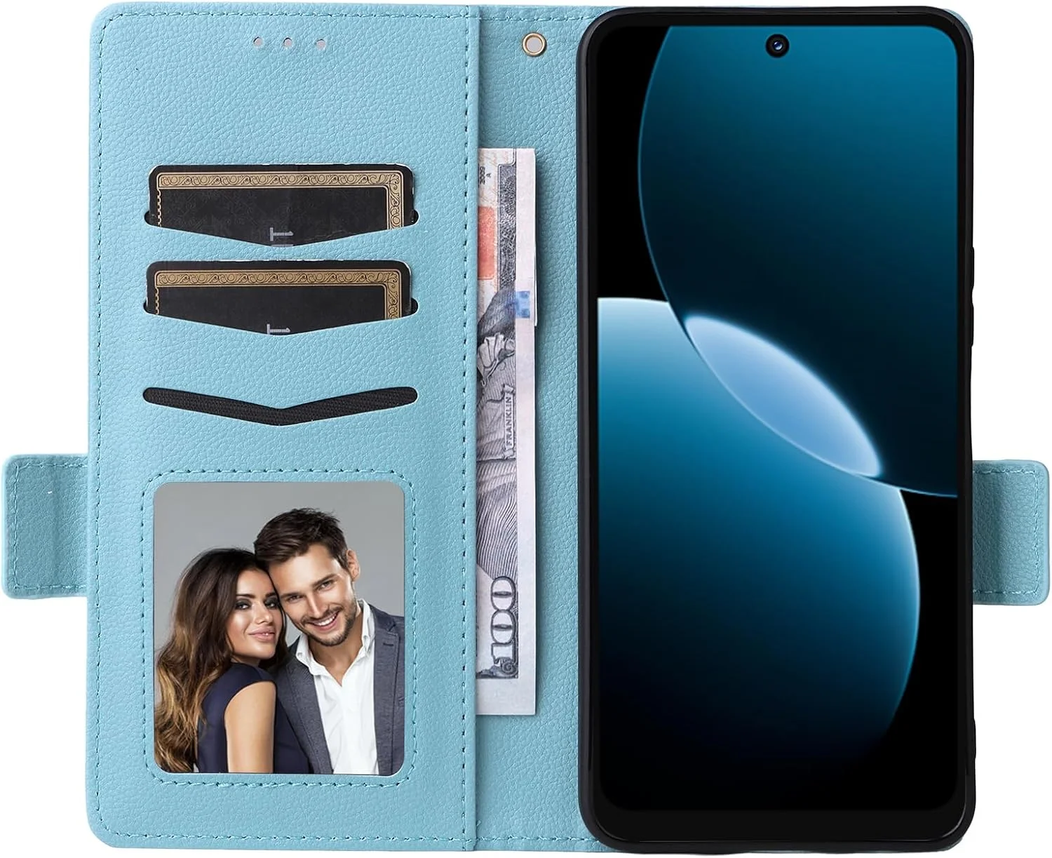 کیف پول چرمی OIATROE با استند برای هوآوی نوا Y73 - دارای قفل مغناطیسی و طراحی بسیار باریک - آبی آسمانی