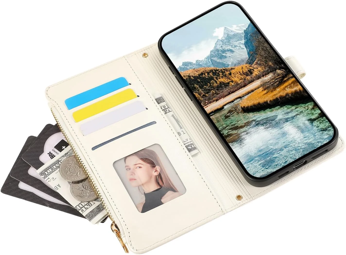 کیف محافظ چرمی PU با زیپ برای Huawei P30 Lite، دارای پایه مغناطیسی، سفید