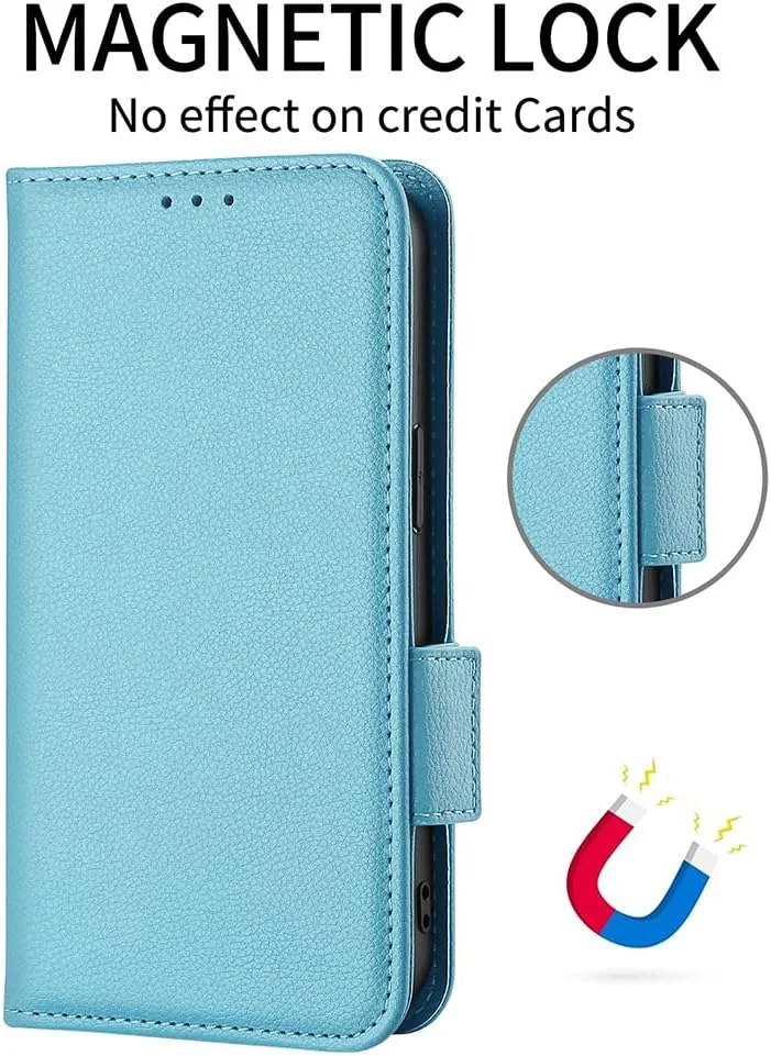 کیف پول چرمی OIATROE با استند برای هوآوی نوا Y73 - دارای قفل مغناطیسی و طراحی بسیار باریک - آبی آسمانی