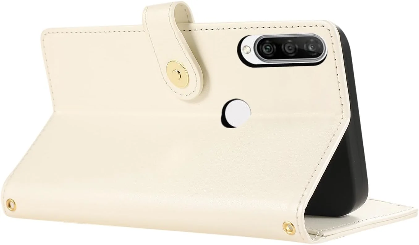 کیف محافظ چرمی PU با زیپ برای Huawei P30 Lite، دارای پایه مغناطیسی، سفید