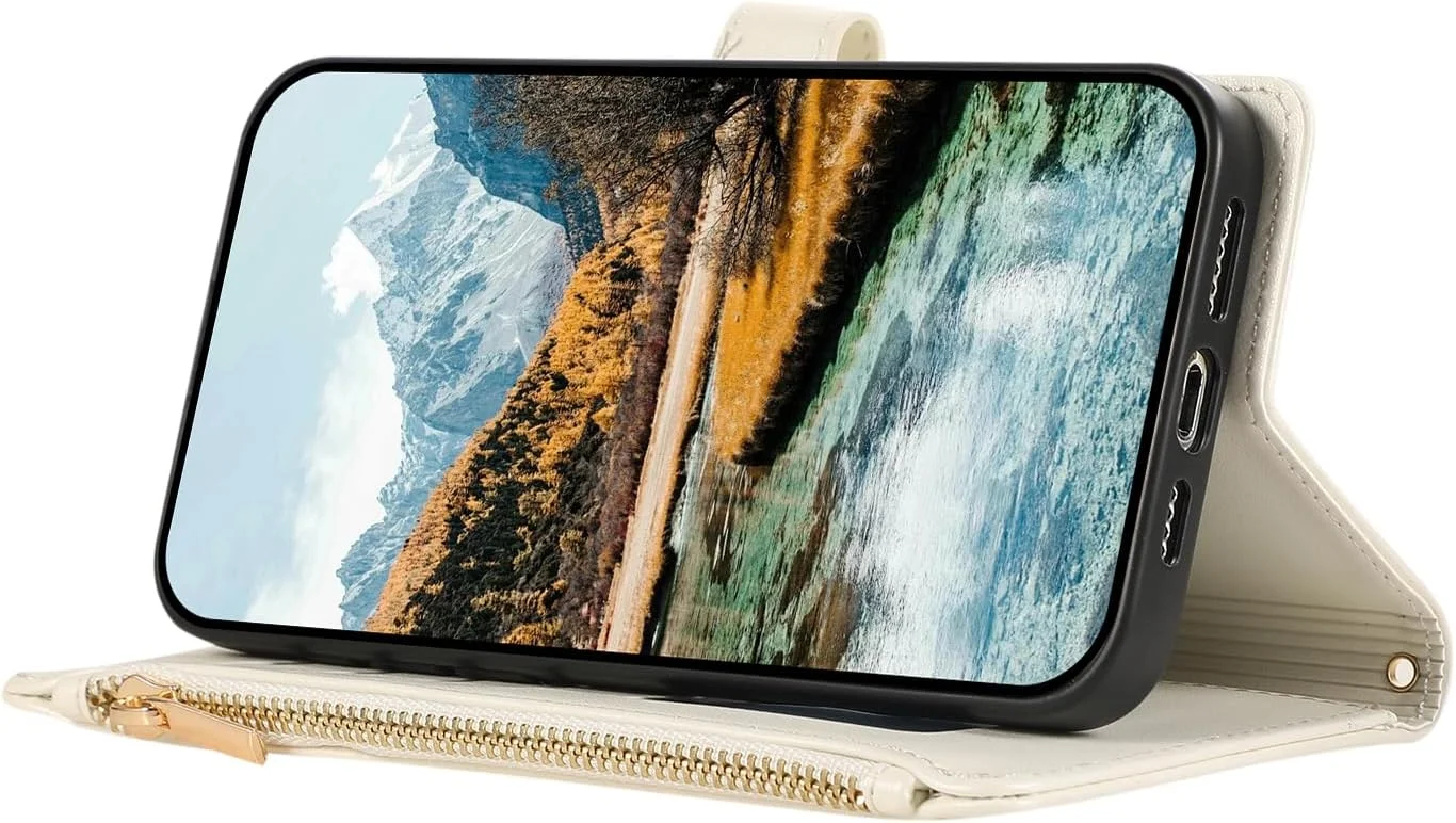 کیف محافظ چرمی PU با زیپ برای Huawei P30 Lite، دارای پایه مغناطیسی، سفید
