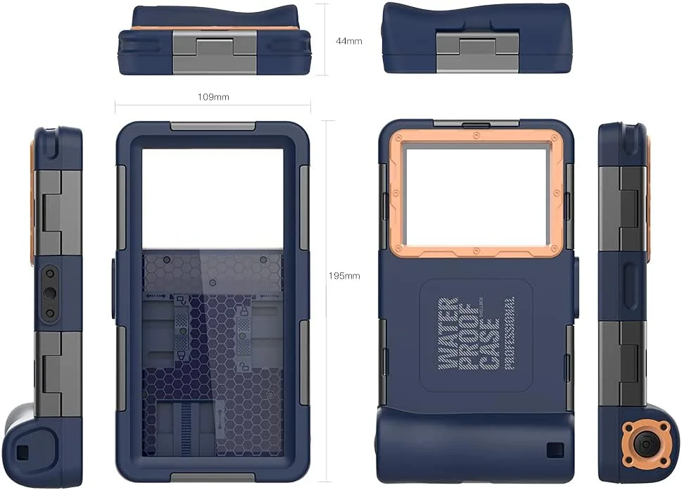 محفظه ضد آب جهانی تلفن همراه (نسل دوم) مناسب برای اکثر گوشی های سامسونگ گلکسی و آیفون، محفظه ضد آب عکاسی در عمق 20 متری، قاب غواصی برای عکس و فیلم زیر آب (آبی تیره + نارنجی) محفظه ضد آب جهانی تلفن همراه (نسل دوم) مناسب برای اکثر گوشی های سامسونگ گلکسی و آیفون، محفظه ضد آب عکاسی در عمق 20 متری، قاب غواصی برای عکس و فیلم زیر آب (آبی تیره + نارنجی)