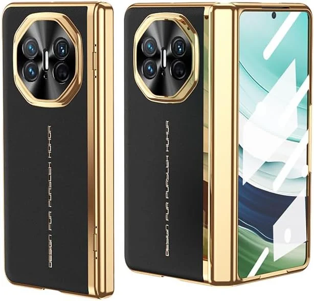 قاب چرمی لوکس با روکش آبکاری سازگار با قاب Huawei Mate X5، [محافظت از لولا] [محافظ صفحه نمایش HD داخلی] پوشش محافظ ضد ضربه تلفن برای Huawei Mate X5 (مشکی)