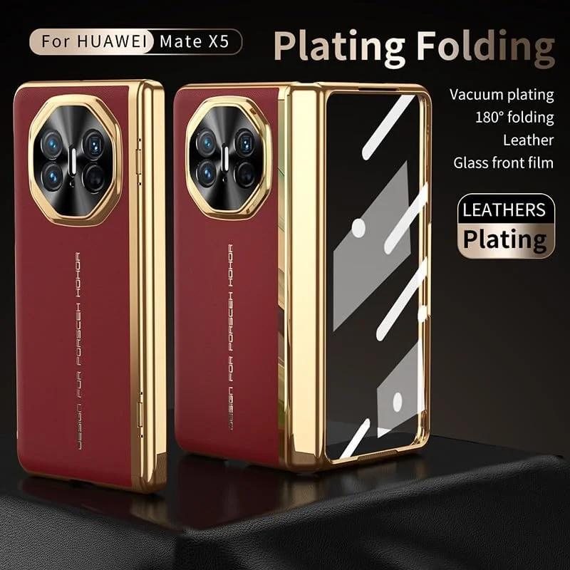 قاب چرمی لوکس با روکش آبکاری سازگار با قاب Huawei Mate X5، [محافظت از لولا] [محافظ صفحه نمایش HD داخلی] پوشش محافظ ضد ضربه تلفن برای Huawei Mate X5 (مشکی)