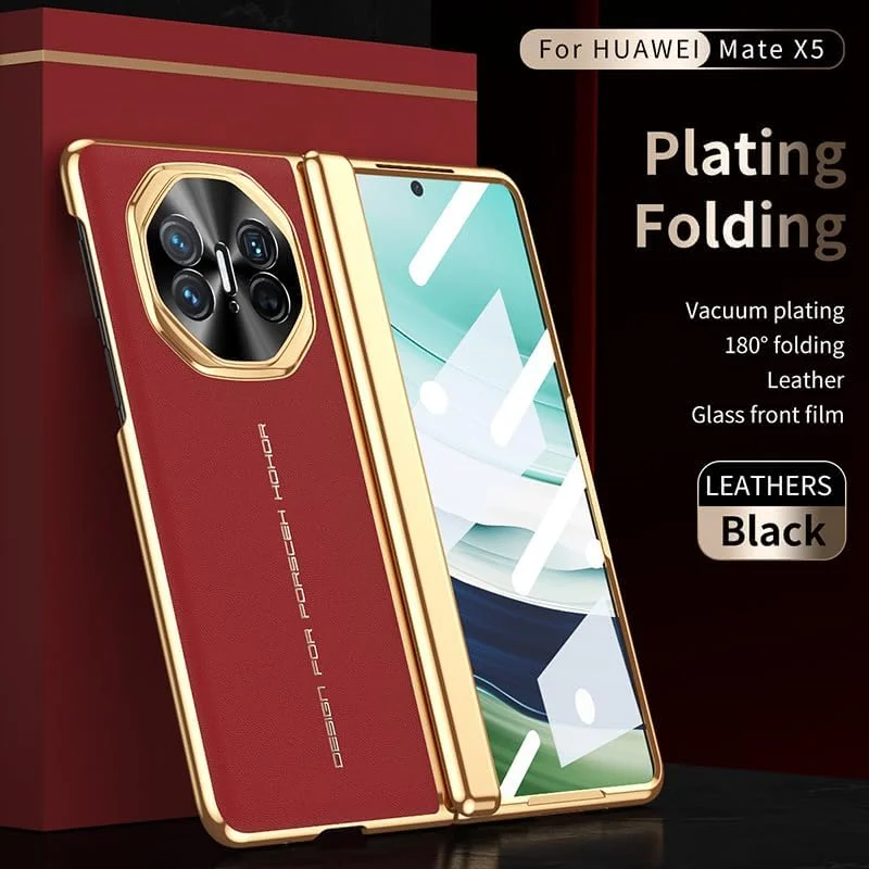 قاب چرمی لوکس با روکش آبکاری سازگار با قاب Huawei Mate X5، [محافظت از لولا] [محافظ صفحه نمایش HD داخلی] پوشش محافظ ضد ضربه تلفن برای Huawei Mate X5 (مشکی)