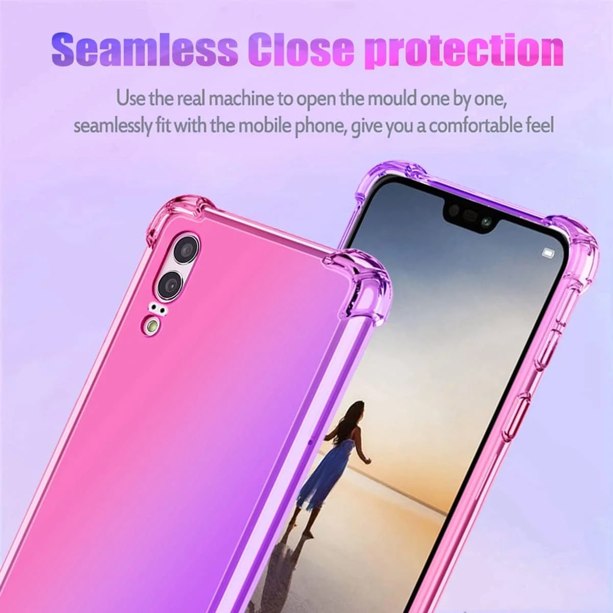 قاب گوشی هوآوی P20، قاب زیبا برای دختران و بانوان، پوشش محافظ TPU نرم و باریک ضد خش با گرادیان رنگی و مقاوم در برابر ضربه برای هوآوی P20 (صورتی/بنفش)