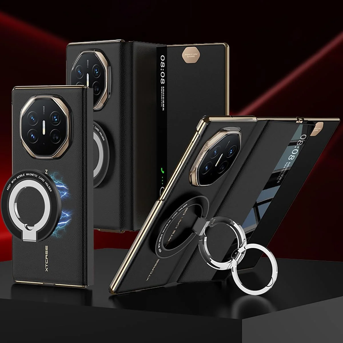 کیف چرمی تاشو Gruattreay سازگار با Huawei Mate XT Ultimate Design، [سازگار با Mag-Safe] [پنجره دید شفاف] با پایه حلقه ای تاشو برای Huawei Mate XT (مشکی)