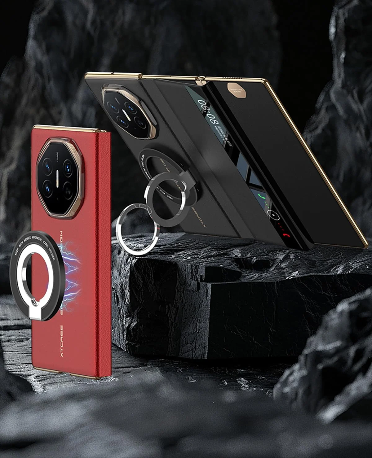 کیف چرمی تاشو Gruattreay سازگار با Huawei Mate XT Ultimate Design، [سازگار با Mag-Safe] [پنجره دید شفاف] با پایه حلقه ای تاشو برای Huawei Mate XT (مشکی)