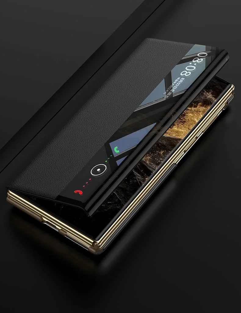 کیف چرمی تاشو Gruattreay سازگار با Huawei Mate XT Ultimate Design، [سازگار با Mag-Safe] [پنجره دید شفاف] با پایه حلقه ای تاشو برای Huawei Mate XT (مشکی)