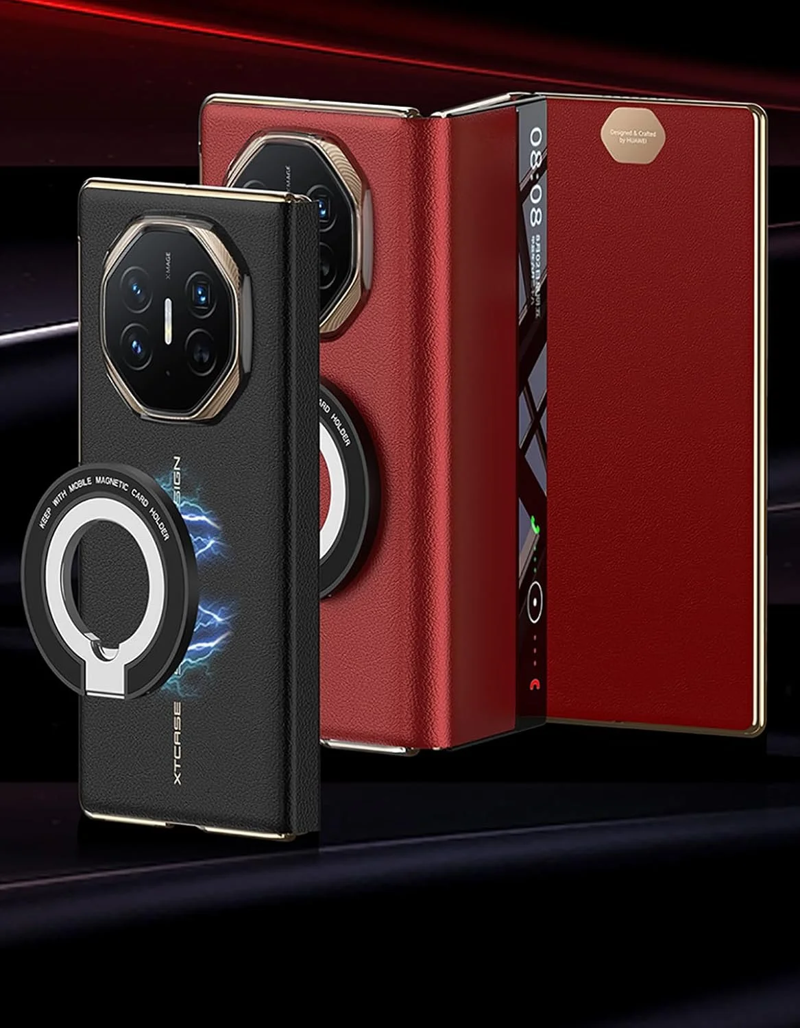 کیف چرمی تاشو Gruattreay سازگار با Huawei Mate XT Ultimate Design، [سازگار با Mag-Safe] [پنجره دید شفاف] با پایه حلقه ای تاشو برای Huawei Mate XT (مشکی)