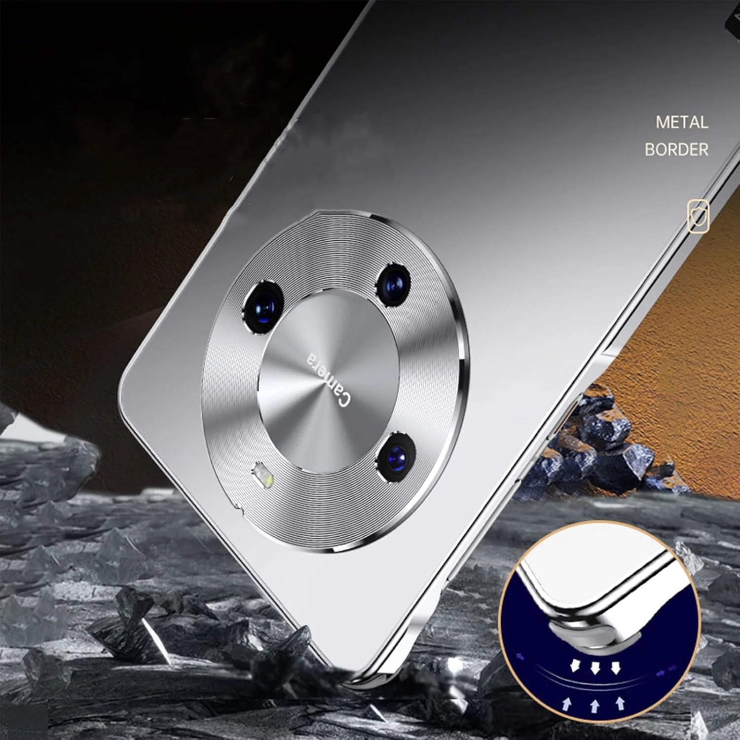 قاب گوشی برای MATE 60 PRO، فریم تمام آلومینیومی، پشت اکریلیک، حلقه لنز آلومینیومی، قاب گوشی باریک، ضد افتادن با کیسه هوا، پوشش محافظ تلفن همراه مقاوم در برابر خراش برای Mate 60 Pro نقره ای